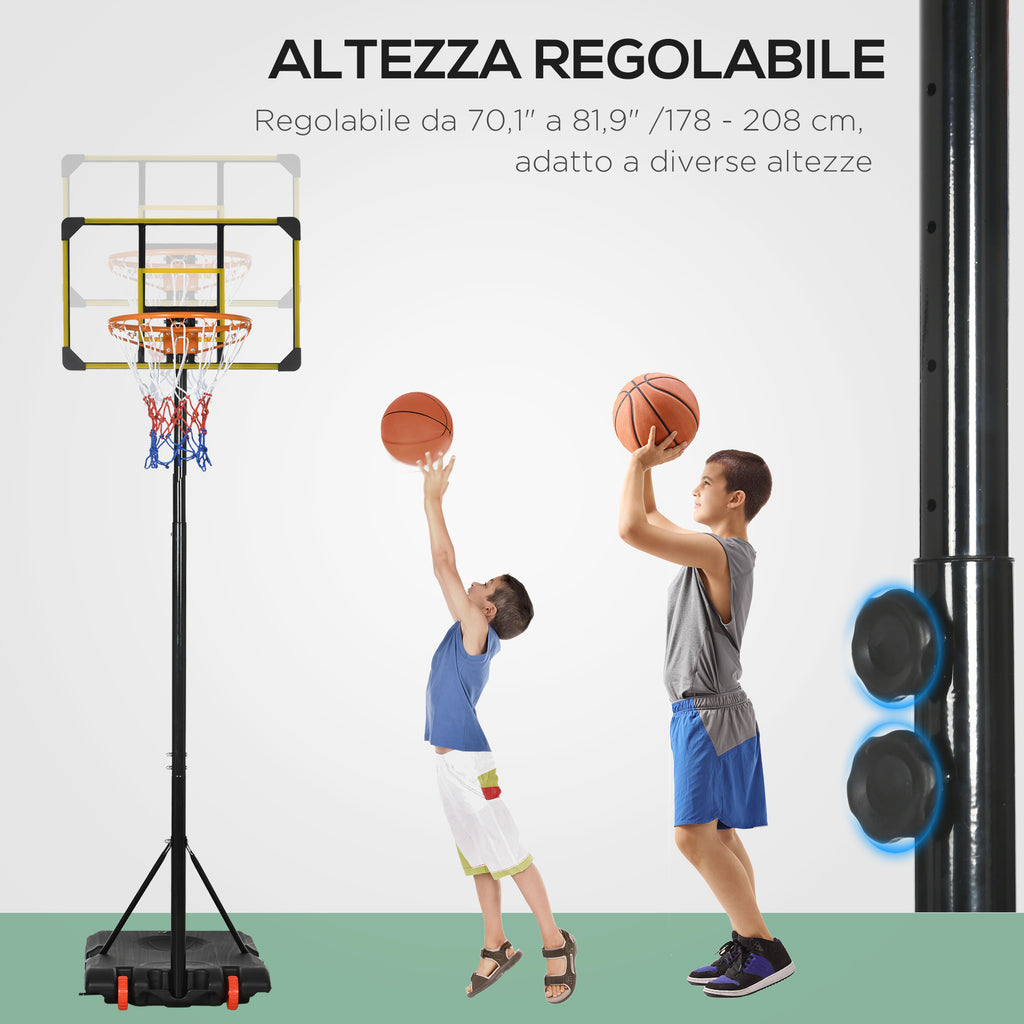 SPORTNOW Basketball Hoop for Children 6-14 Years, Adjustable Height 2.1-2.4 m, Wheels and Fillable Base, Yellow