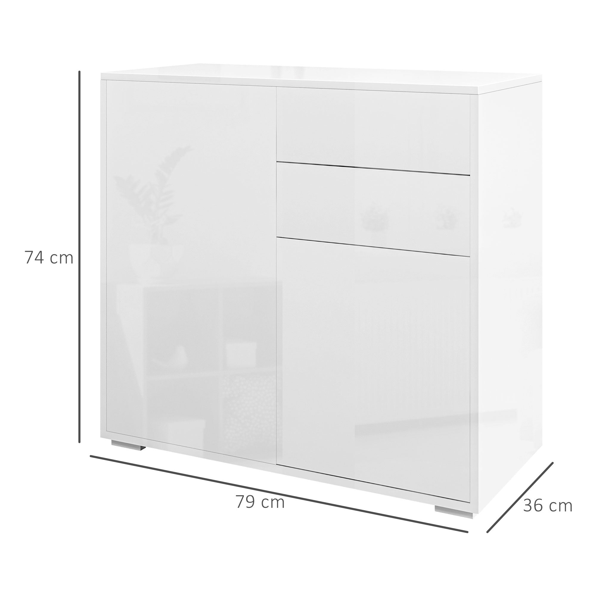 Modern Sideboard with 2 Cabinets and 2 Push-Open Drawers, 79x36x74cm, Gloss White
