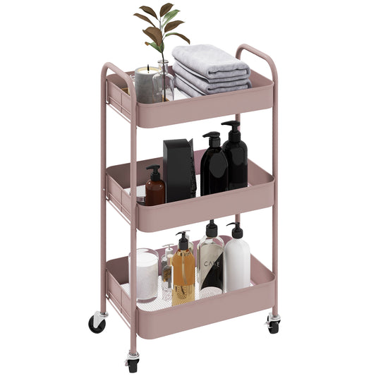 3-Tier Kitchen Cart with Handles and 4 Wheels, Steel, 45x30.6x79 cm, Pink