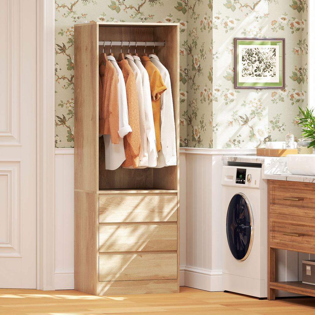 Wardrobe with Clothes Rail, Open Shelf and 3 Drawers, in Wood, 60x48.5x185 cm, Teak color