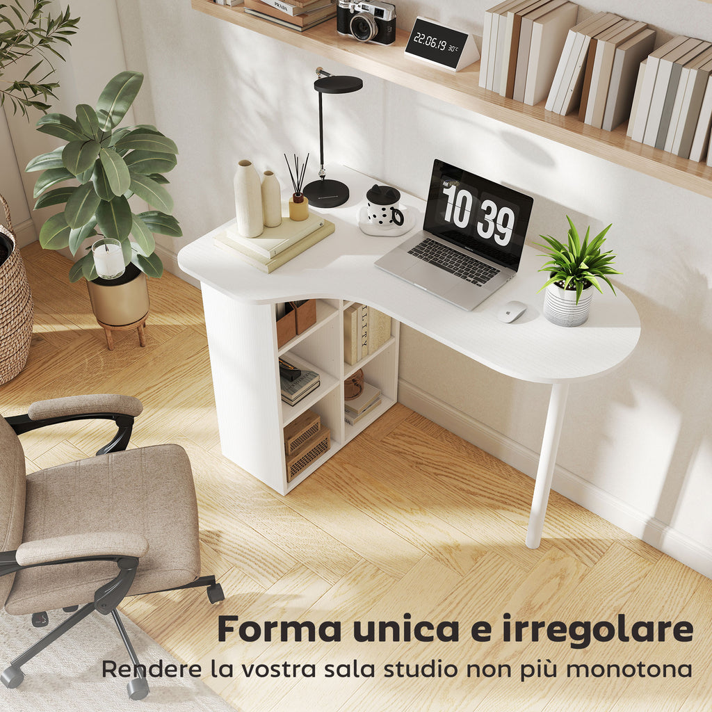 Curved Bedroom Desk with 6 Shelves and 4 Adjustable Shelves, Steel and Wood, 100x59x75.5 cm, White