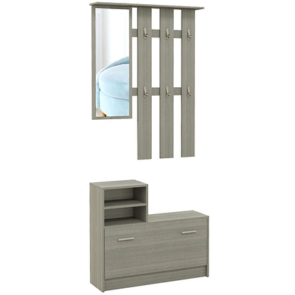 Hallway Furniture Set with Coat Rack, Mirror, Bench with Shelf and Shoe Rack for 8 Pairs of Shoes, Grey