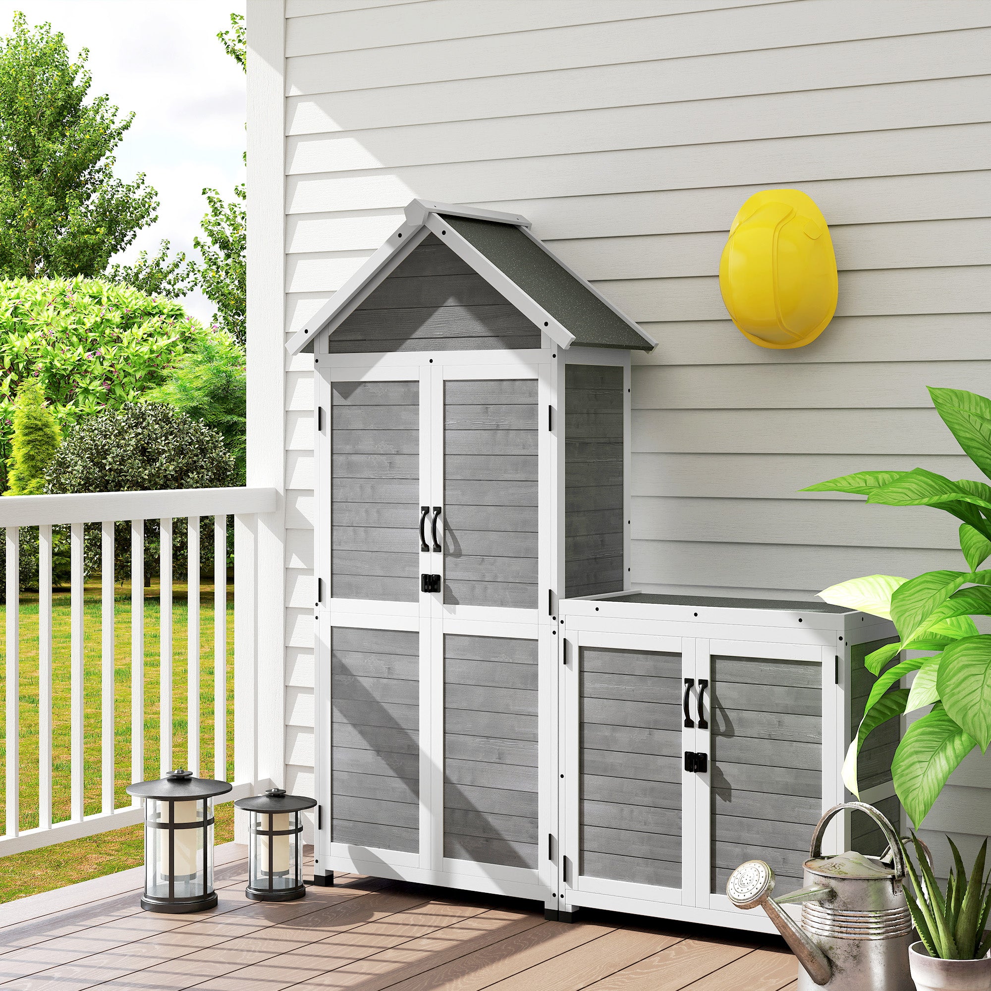 Garden Shed and Outdoor Cabinet with Wooden Opening Roof, Locking Doors, Light Grey