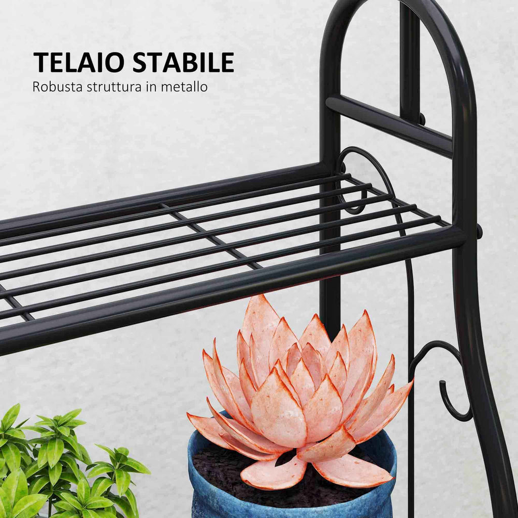 Outsunny 3-Tier Plant Stand with 3 Hooks, Metal, 162x221.5x163 cm, Black