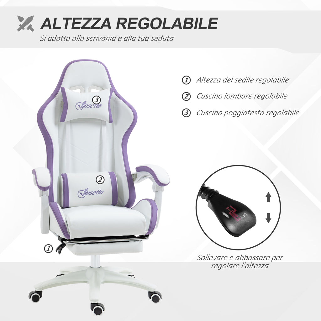 Gaming Chair with Adjustable Height and Reclining Backrest, 65x65x121-129 cm, White and Purple