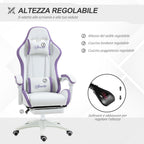Gaming Chair with Adjustable Height and Reclining Backrest, 65x65x121-129 cm, White and Purple