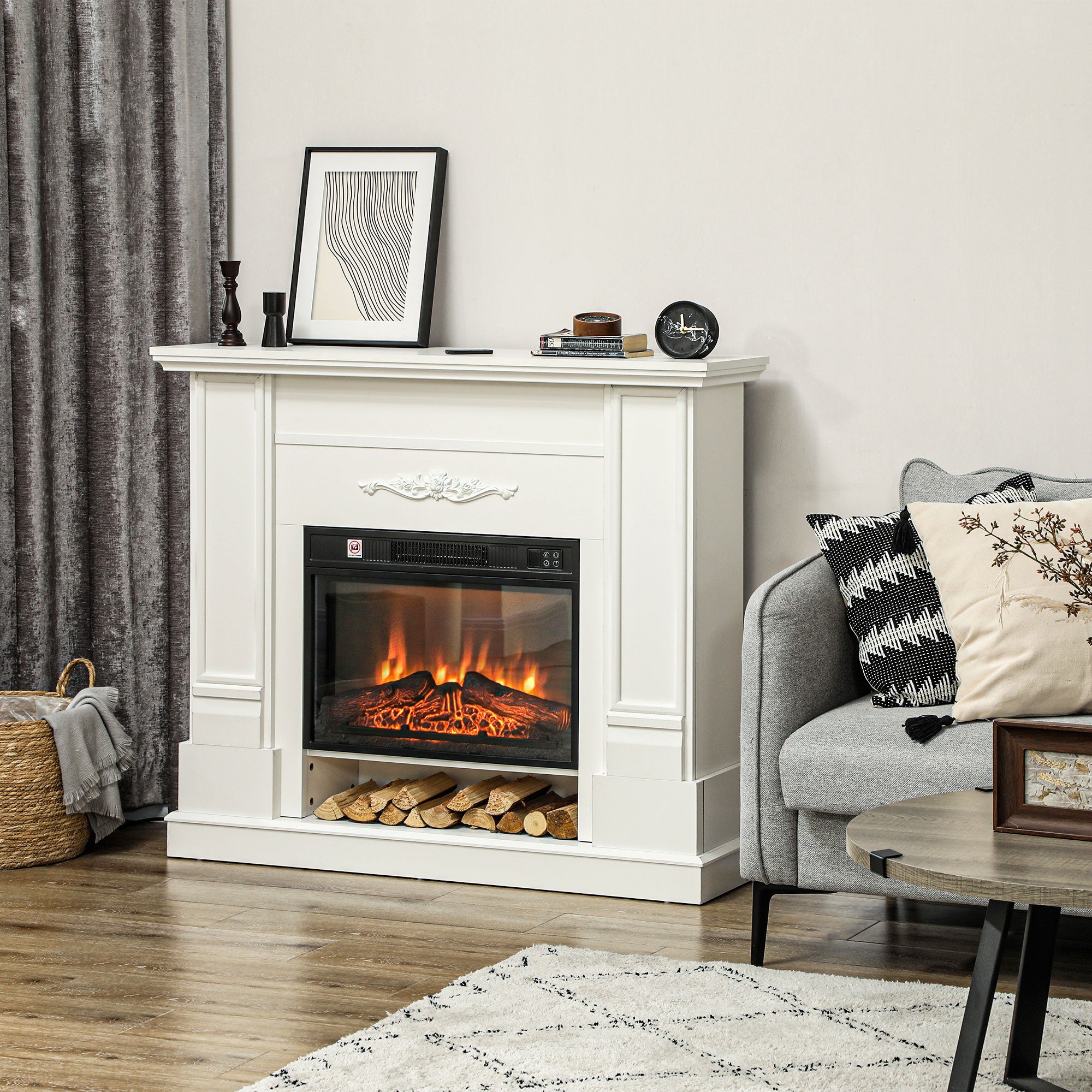 Electric Fireplace 1800W with 3-Intensity Flame and Remote Control, in Wood, Metal and Glass, 117x30x100 cm, White