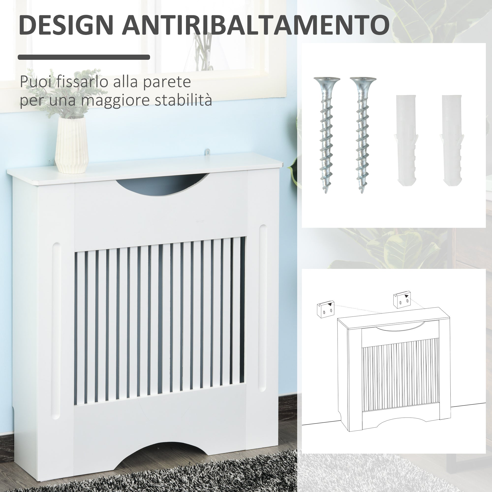 White MDF Radiator Cover with Support Top and Anti-Tip Design, 78x19x82 cm