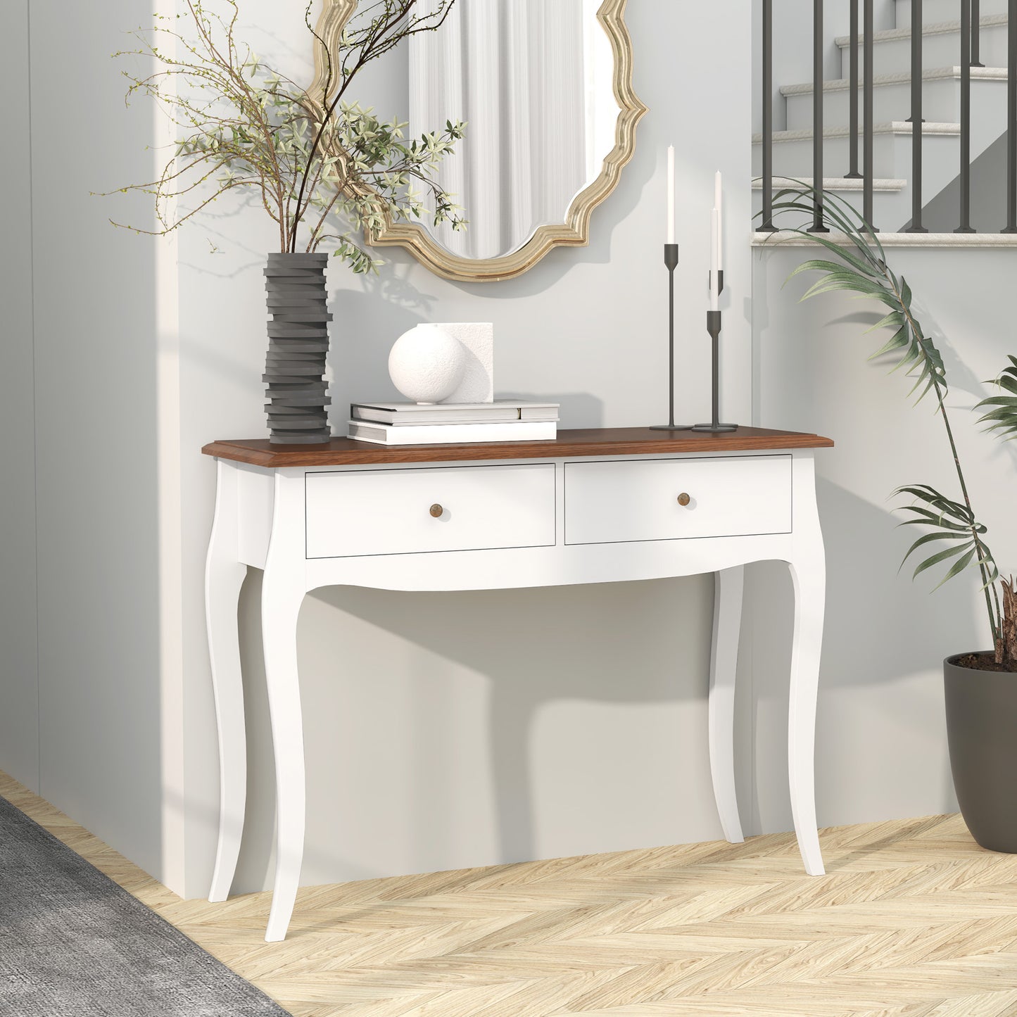 Modern Console Table with 2 Drawers in Wood, 100x35x76.5 cm, White and Dark Brown