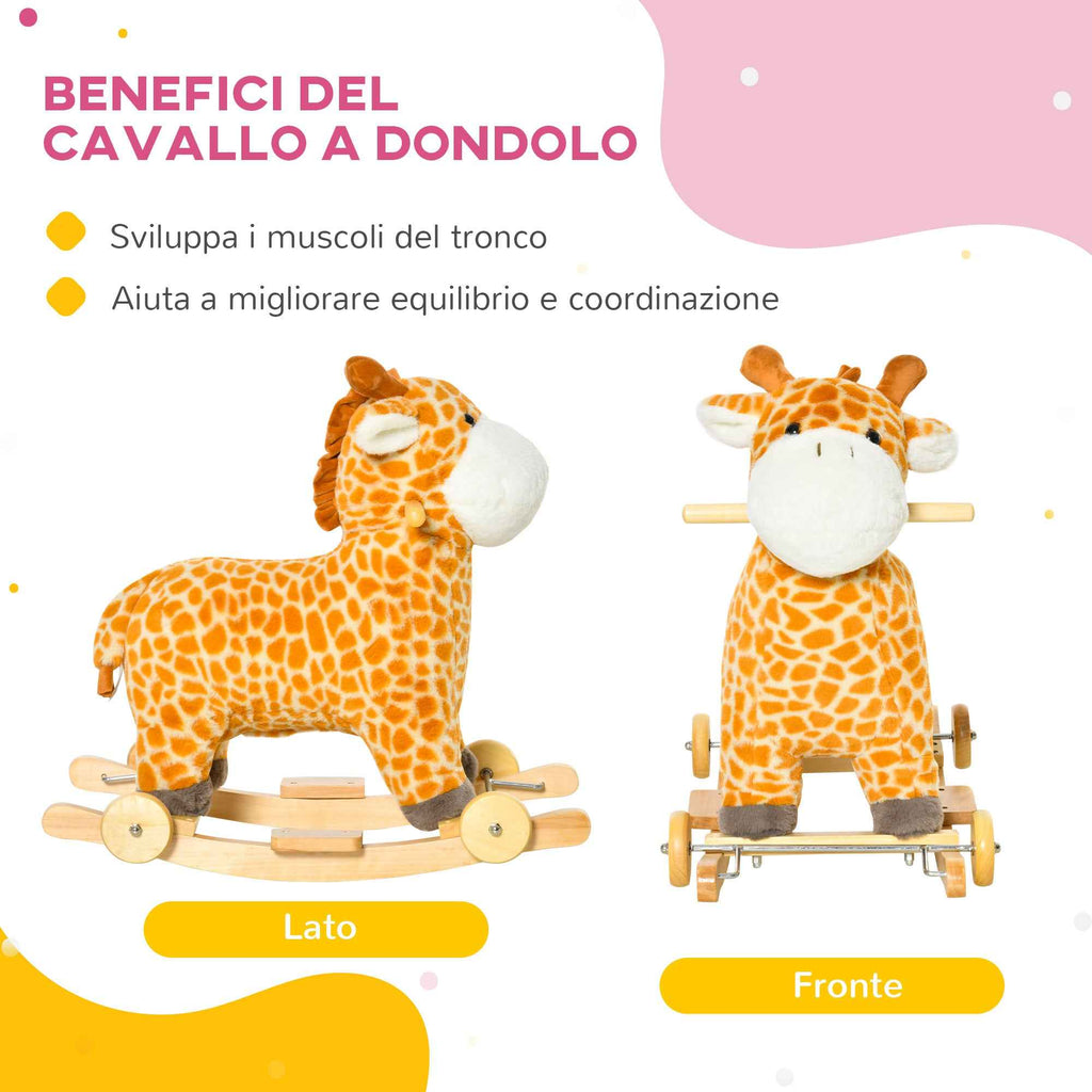 HOMCOM Giraffe Rocking Horse for Children Ages 3-6 with Wheels and Sounds, 63x38x63cm, Yellow