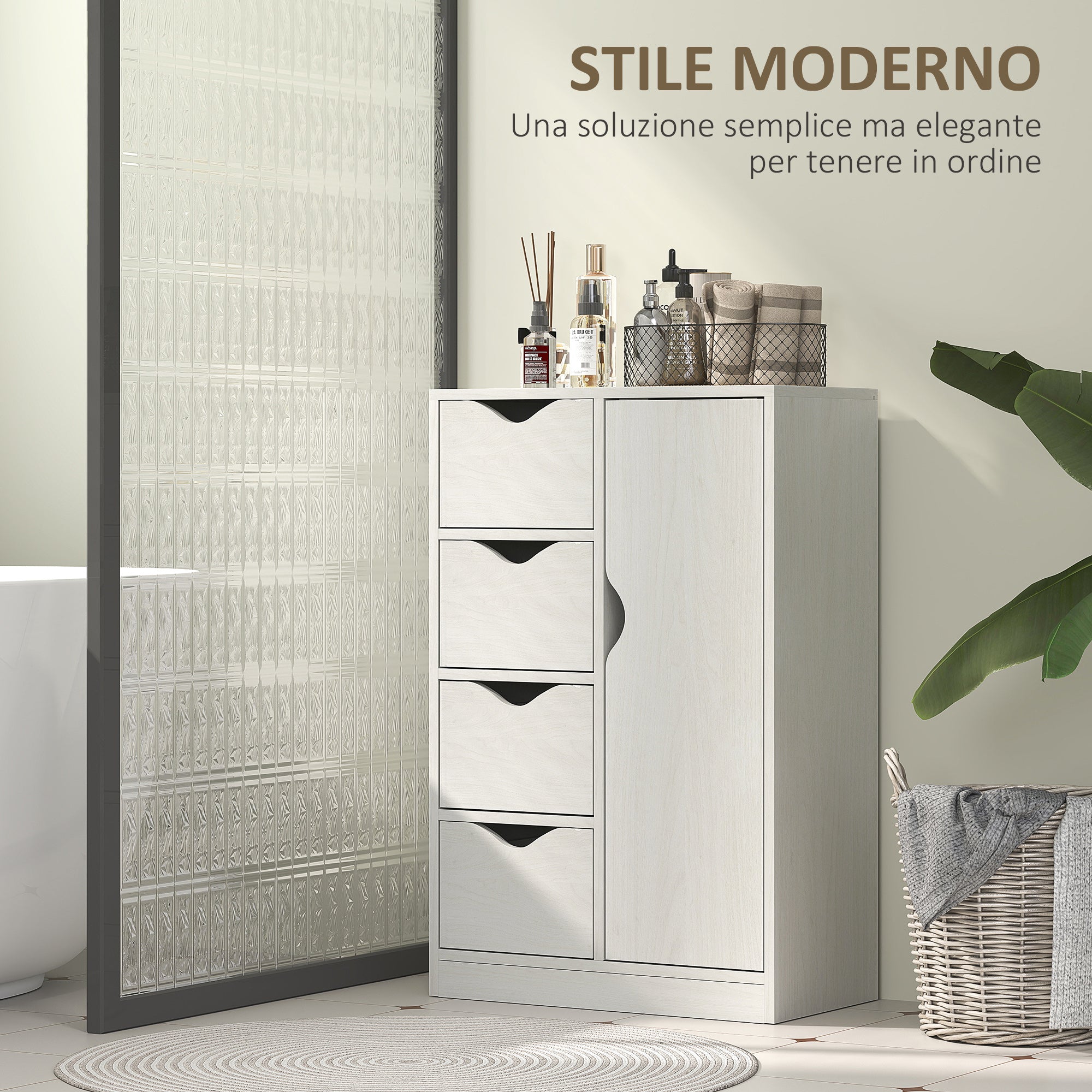 Bathroom Cabinet with 4 Drawers, 2-Tier Storage Cabinet with Cut-Out Handles, Wooden, 54x29x83 cm, White