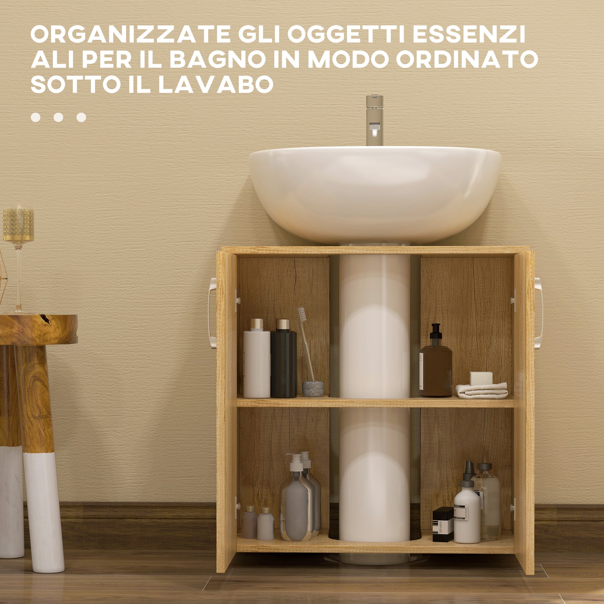 Bathroom Cabinet with 2 Doors and 2 Wooden Shelves, Natural Color