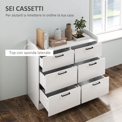 Wooden 6-Drawer Chest of Drawers with Raised Edges and U-Handles, 110x40x88 cm, White