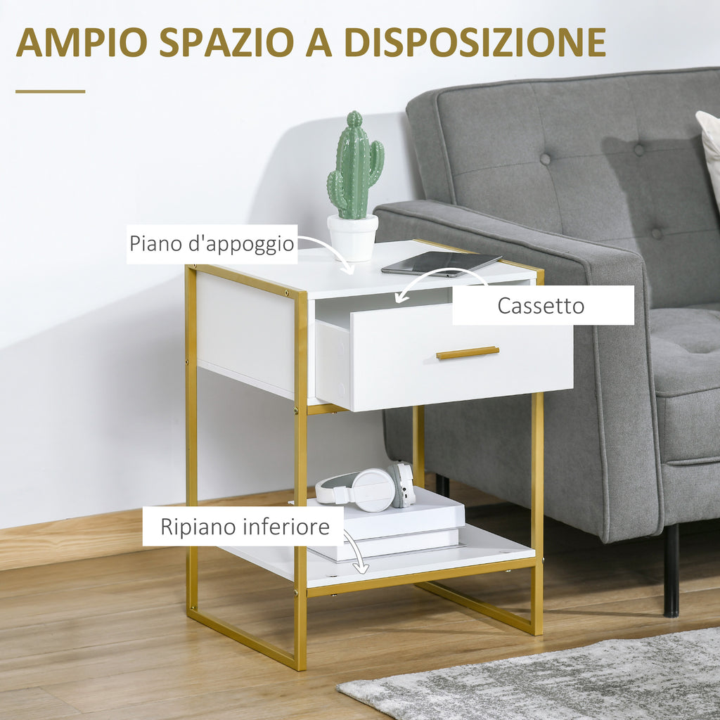 HOMCOM Set of 2 Modern Bedside Tables with Drawer and Open Shelf in MDF and Steel, 45x40x60cm, White and Gold - Borgè