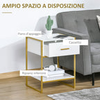 HOMCOM Set of 2 Modern Bedside Tables with Drawer and Open Shelf in MDF and Steel, 45x40x60cm, White and Gold - Borgè