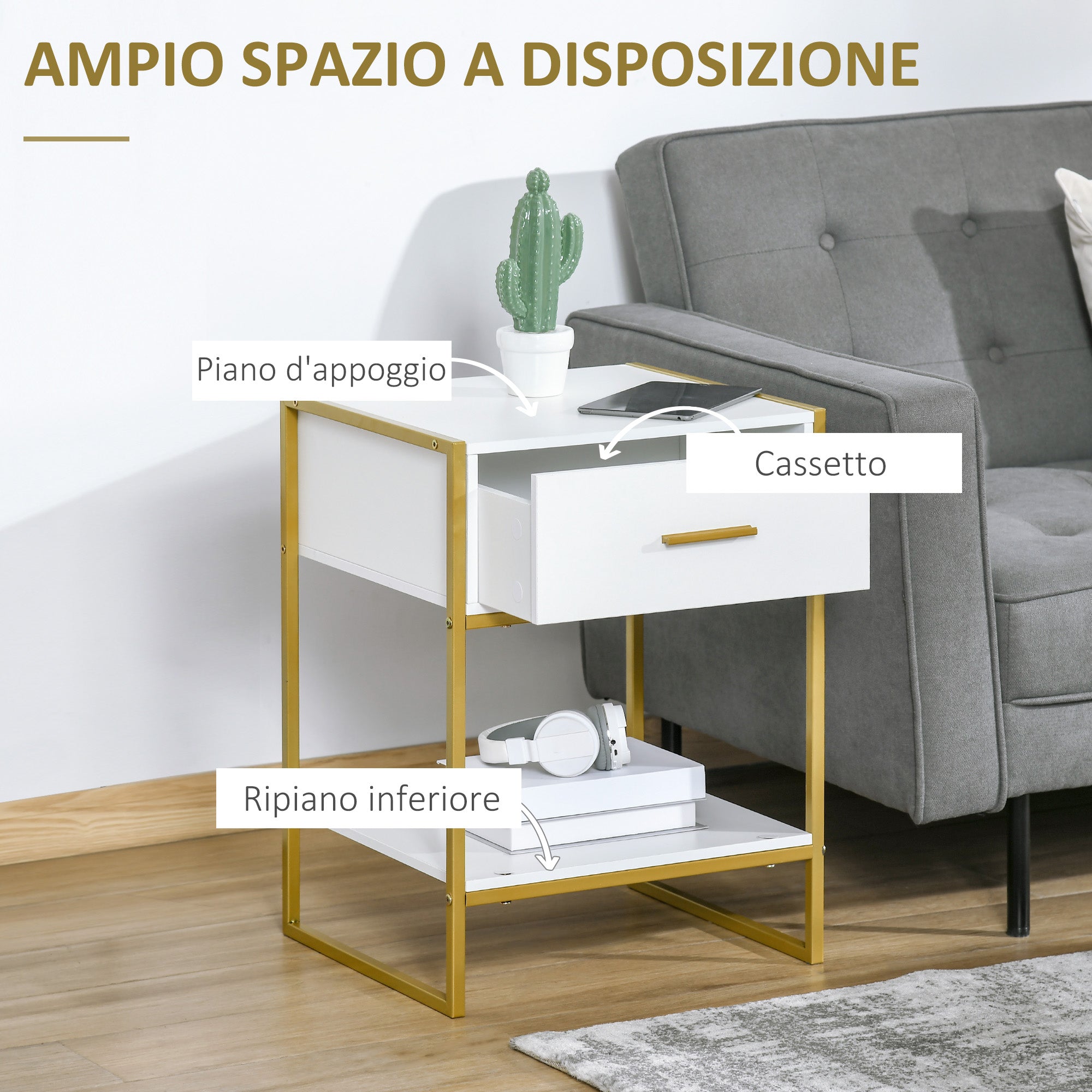 HOMCOM Set of 2 Modern Bedside Tables with Drawer and Open Shelf in MDF and Steel, 45x40x60cm, White and Gold - Borgè