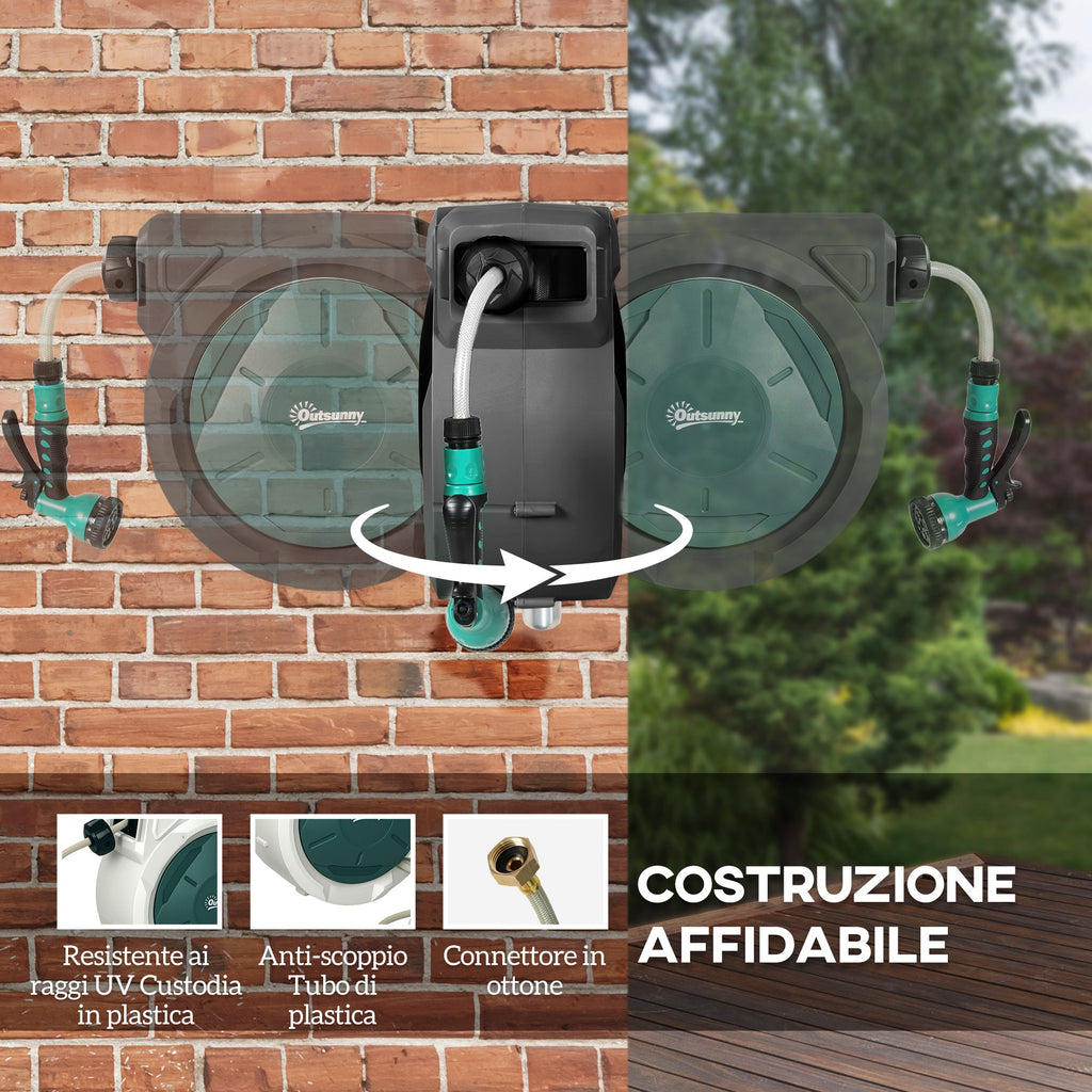 Outsunny Retractable Garden Hose Reel with 30m+2m Water Hose, Wall Mount & Handle, Swivel, 7 Modes, Black