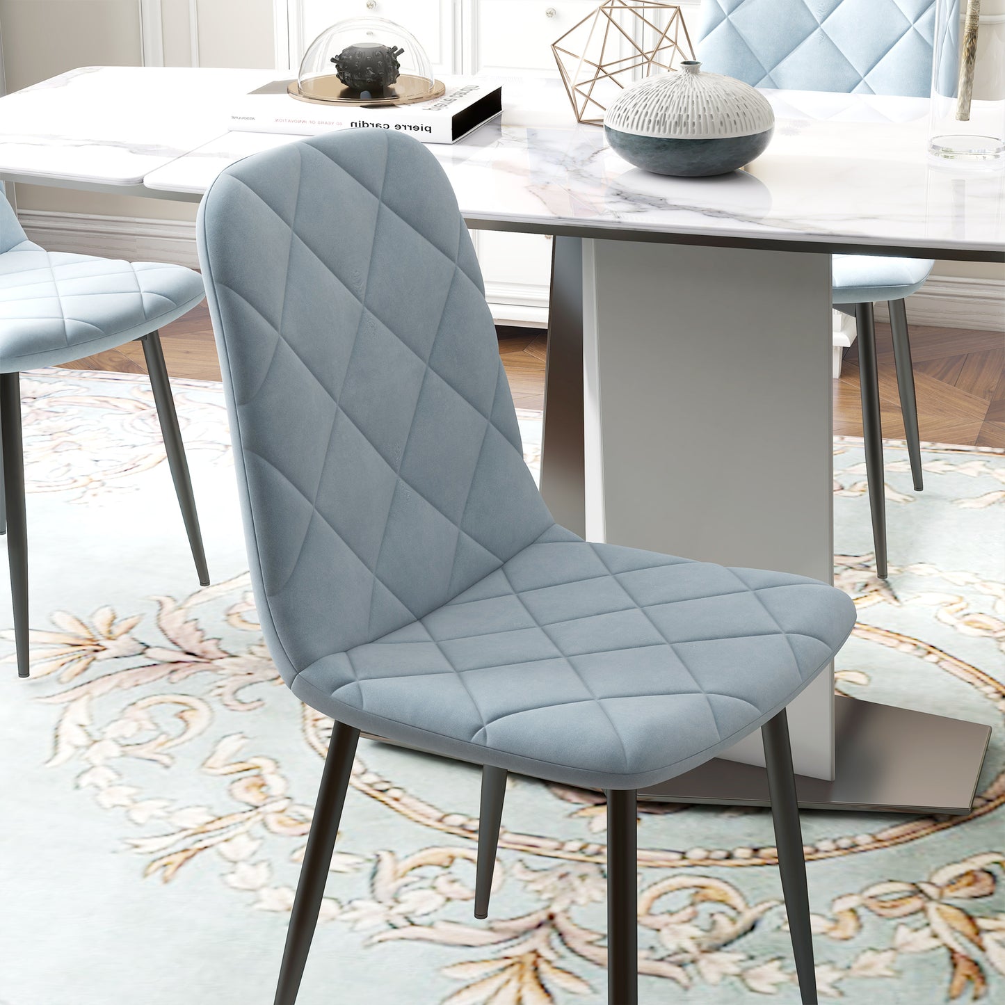 Light Blue Set of 4 Padded Kitchen Chairs, in Velvet Effect Fabric and Steel, 45x54x87 cm - Borgè