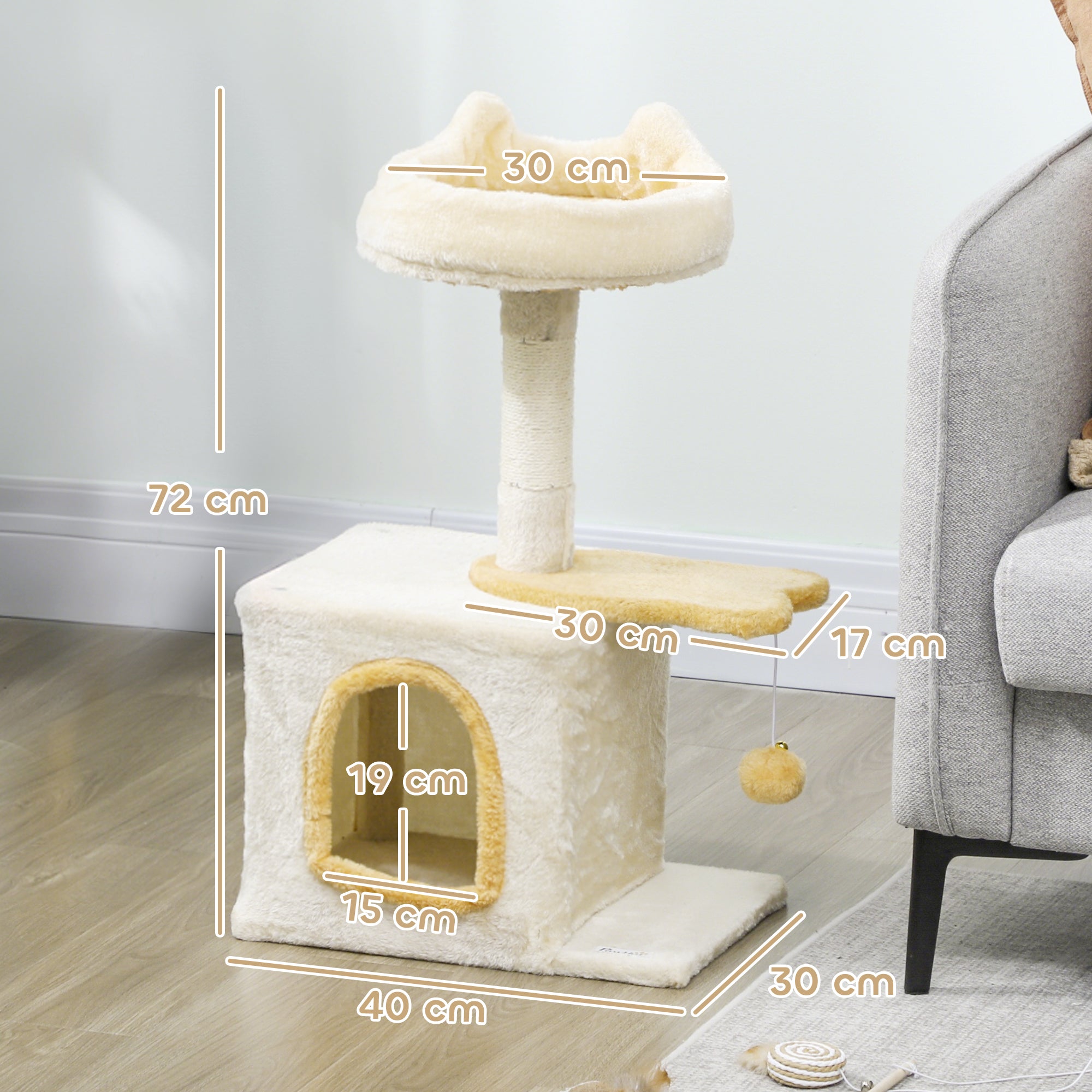 Cat Scratching Tree with Perch and House, Made of Wood, Plush and Sisal, 40x30x72 cm, Beige and Yellow