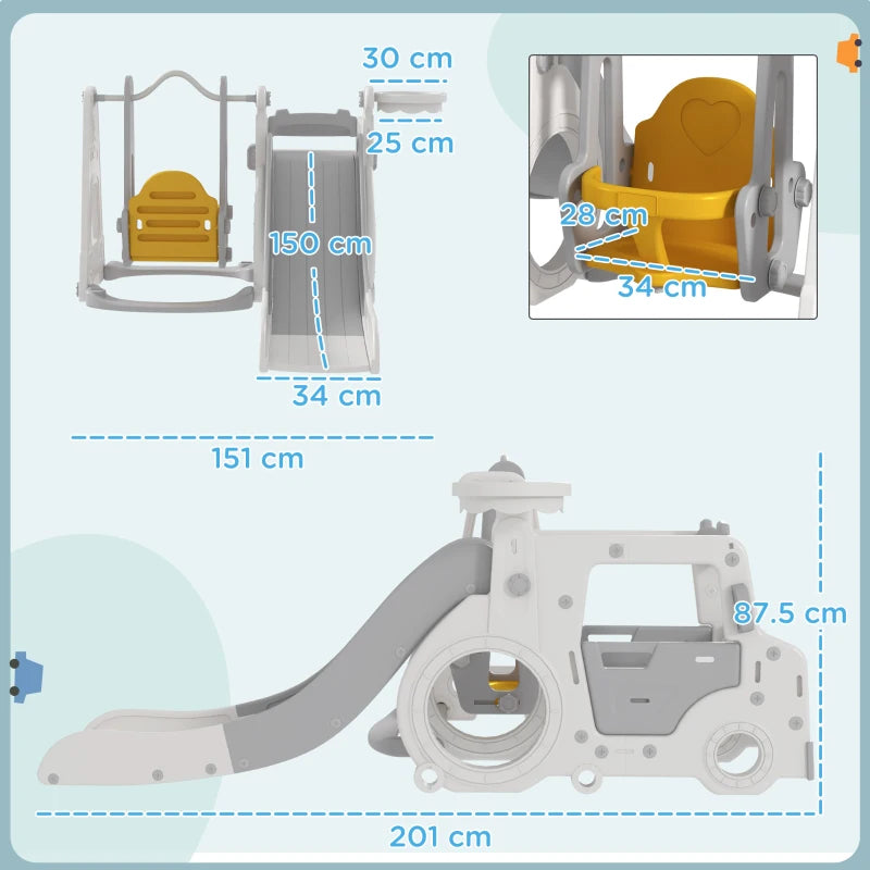 Slide Set for Children 18-48 Months with Swing, Toy Car and Basketball Hoop, 201x151x87.5cm, White