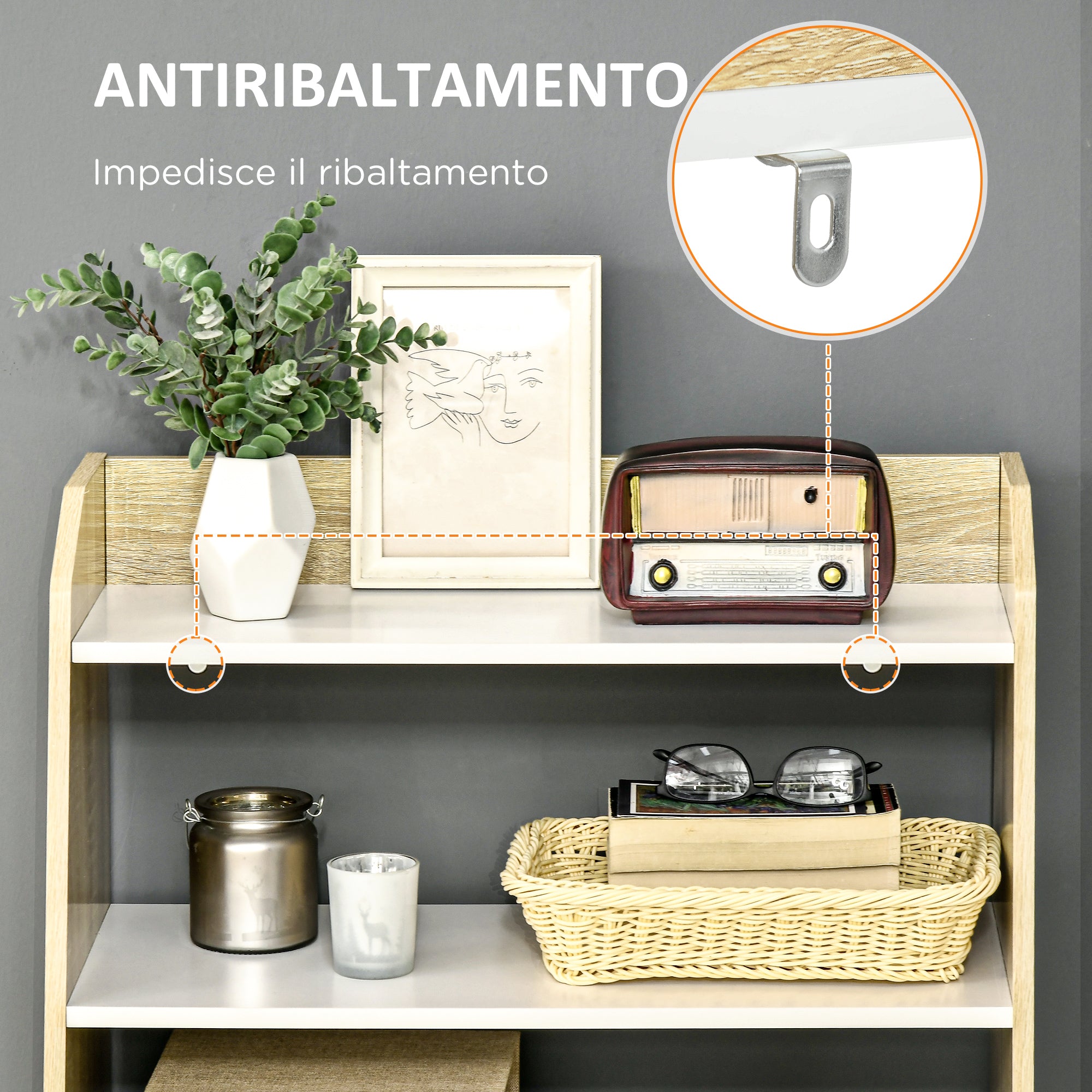 HOMCOM Living Room Cabinet with 2-Tier Open Shelf and 2-Door Cabinet, Chipboard and Pine Wood, 58x30x93 cm