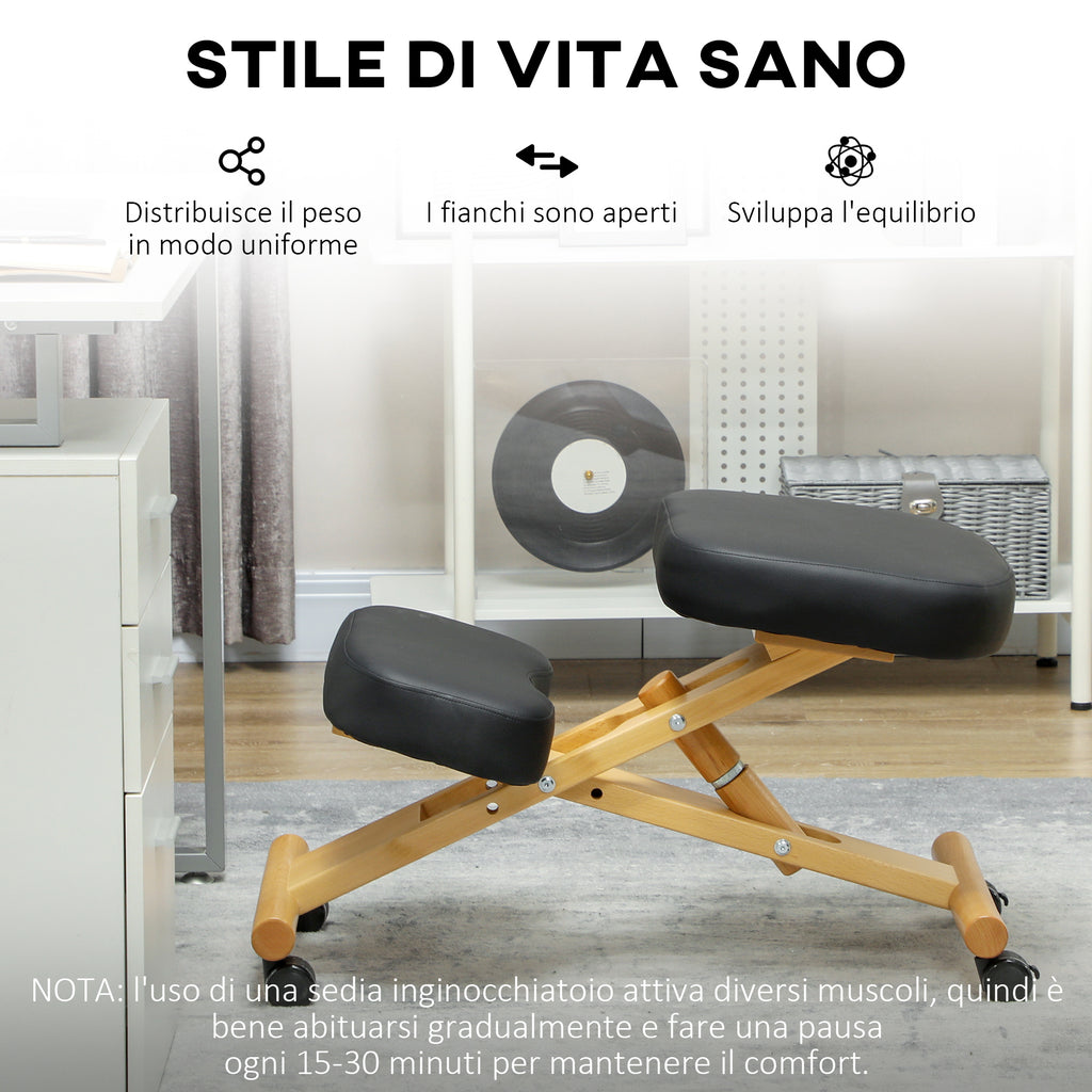 Ergonomic Postural Kneeling Chair, Adjustable Height and Wooden Wheels, Black