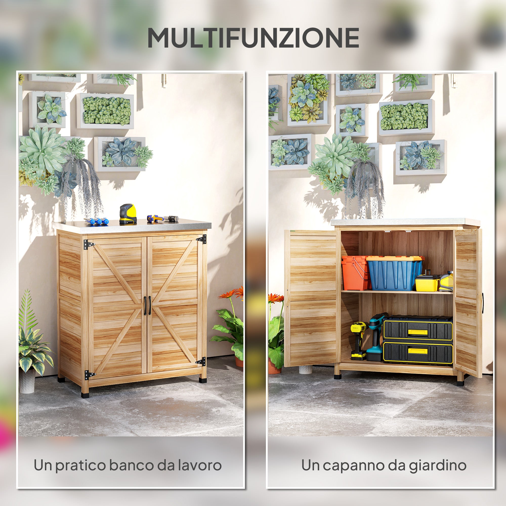 Outdoor Cabinet with Internal Shelf and Work Bench, in Wood and Galvanized Steel, 79x43x92 cm, Wood color