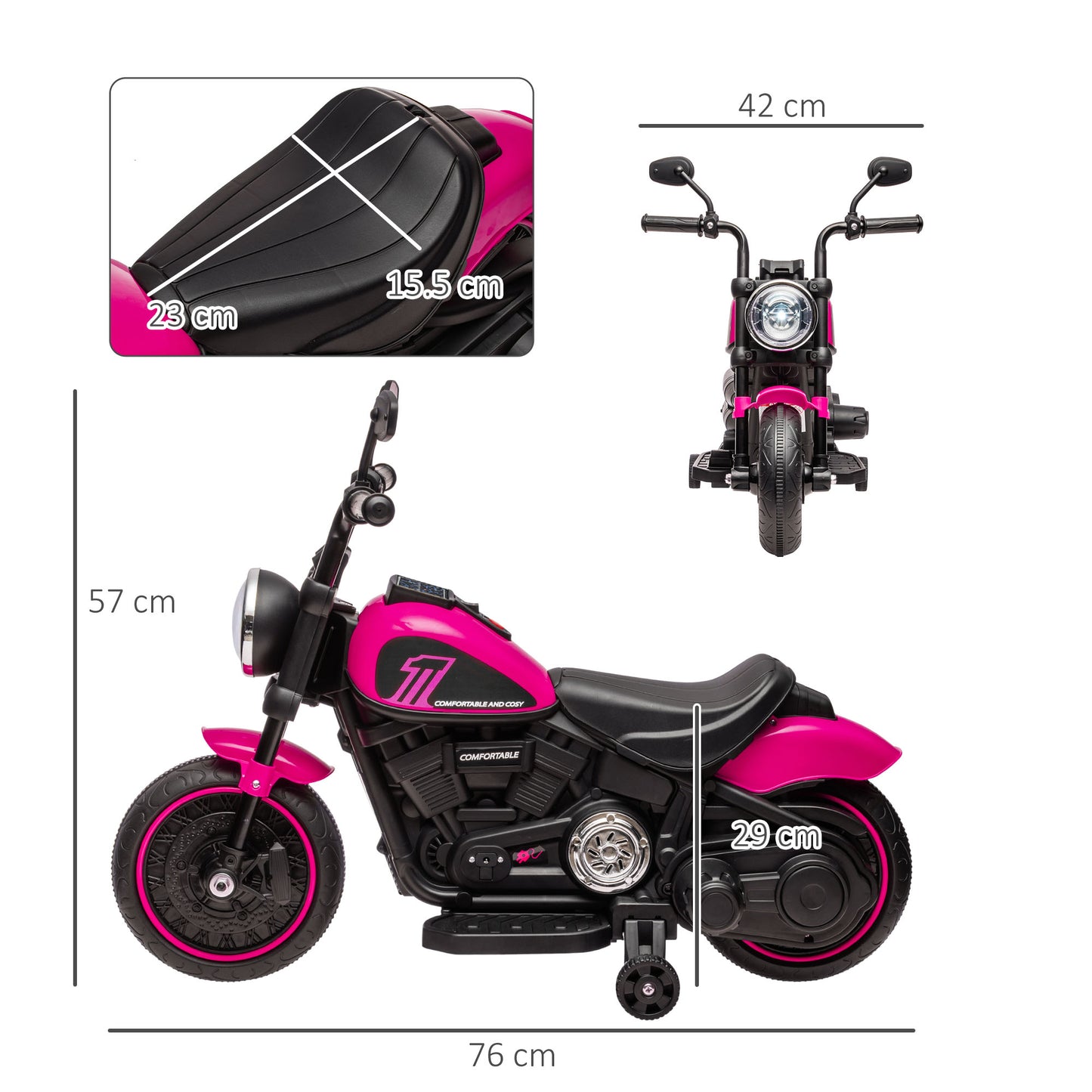 Electric Motorcycle for Children 18-36 Months with Wheels and Headlight, 76x42x57 cm, Pink and Black - Borgè