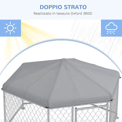 PawHut Kennel for Medium Size Dogs with UV-Proof Oxford Fabric Roof, 2.1x1.85x1.2m, Silver and Gray - Borgè