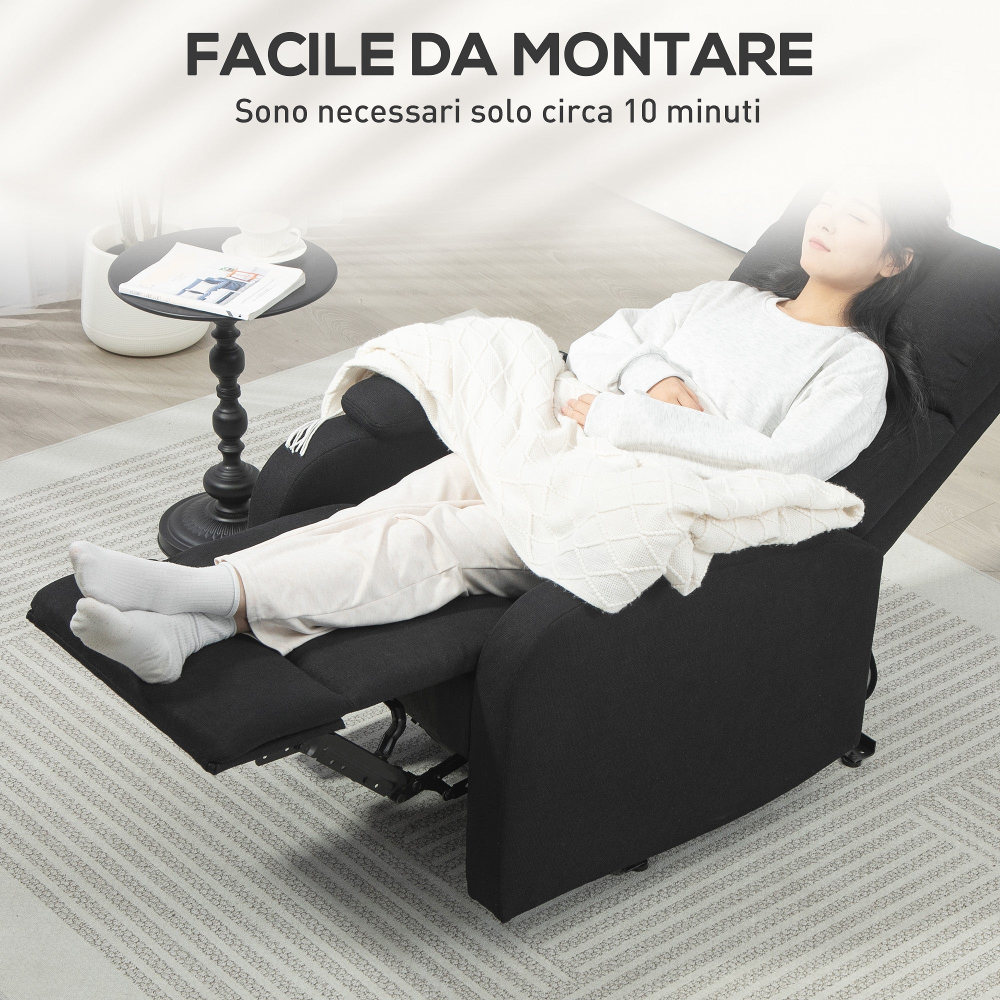 Manual Reclining at 60° with Extra Padded Fabric Chair and Footrest, Black