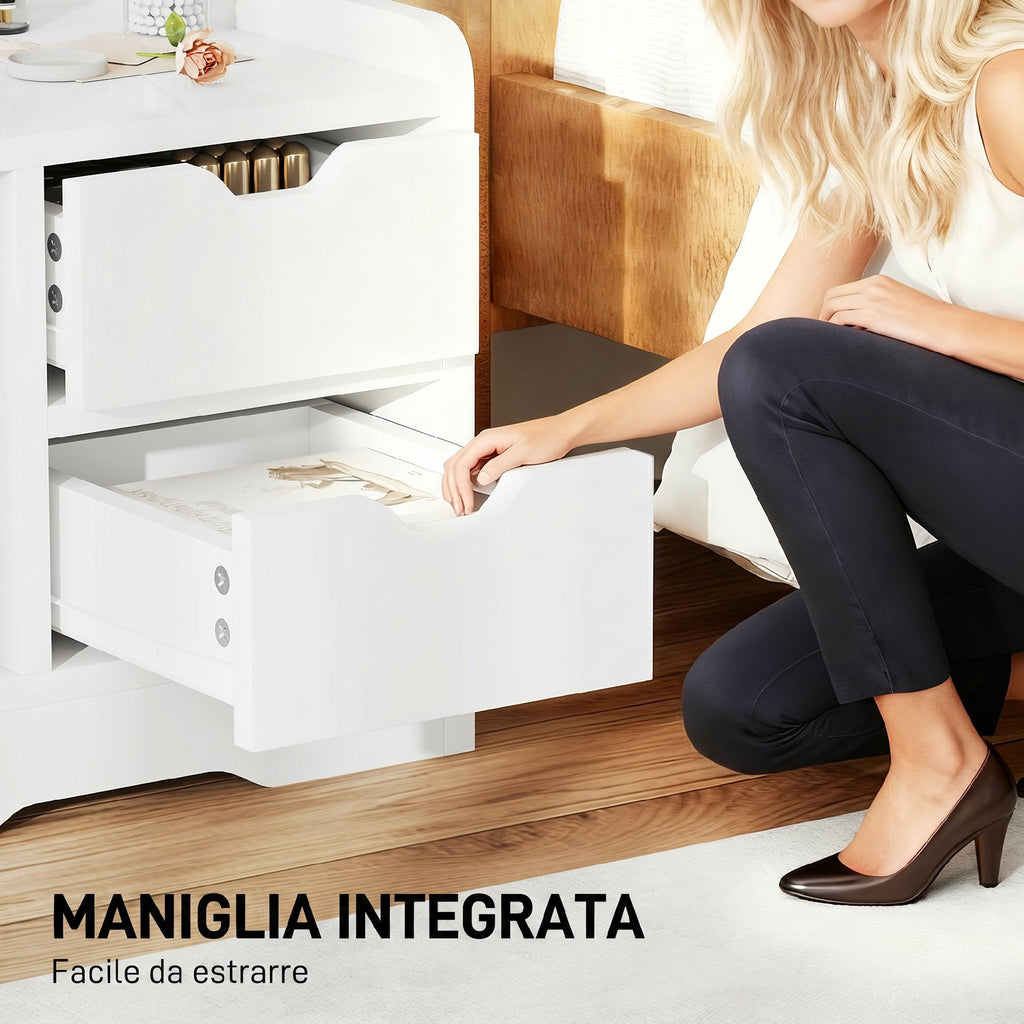 HOMCOM Bedroom Nightstand with 2 Drawers and Storage Shelves, Modern Wooden Nightstand, Gloss White