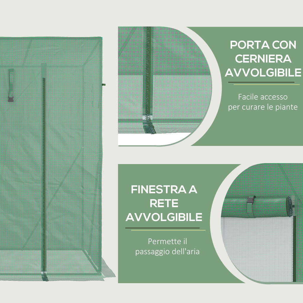 Outsunny PE and Steel Garden Greenhouse with 4 Stakes, 2 Windows and Reinforced Cover, 200x77x148-169cm