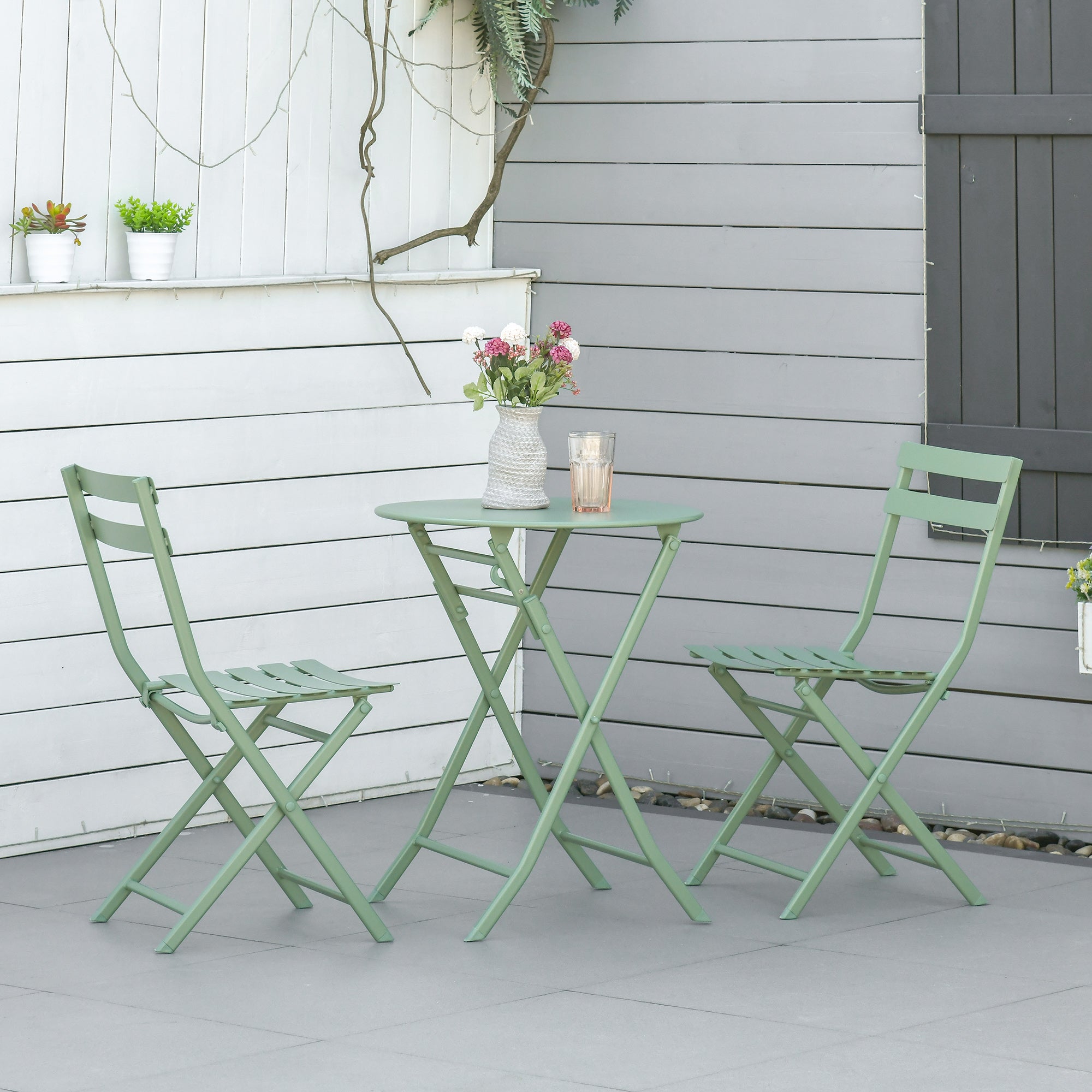 Outsunny garden set 3 folding steel, 2 chairs 42x50x81 cm and table Ø60x71 cm, green - Borgè