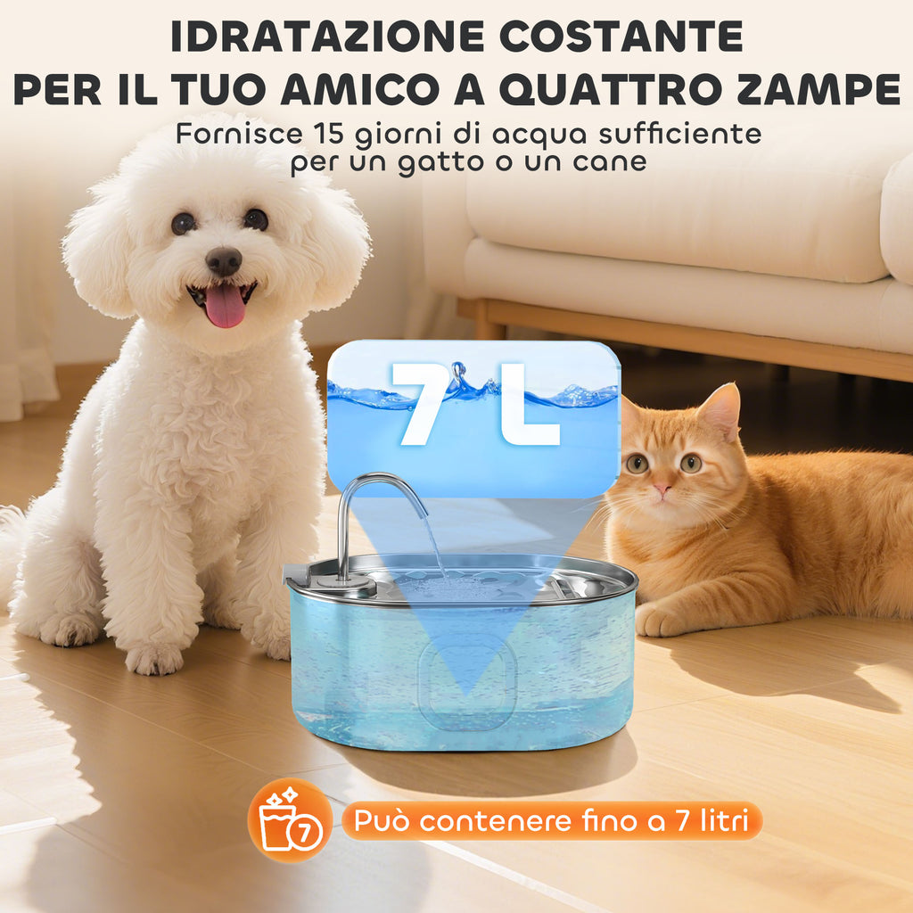 7L Cat Water Fountain with LED Light and Brush, 304 Stainless Steel, 32x22.1x22.3 cm, Silver