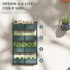 Outsunny 4-Tier Wall-Mounted Vertical Vegetable Garden with 8 Pots, Steel and Plastic, 52x14x90 cm, Dark Green and Black