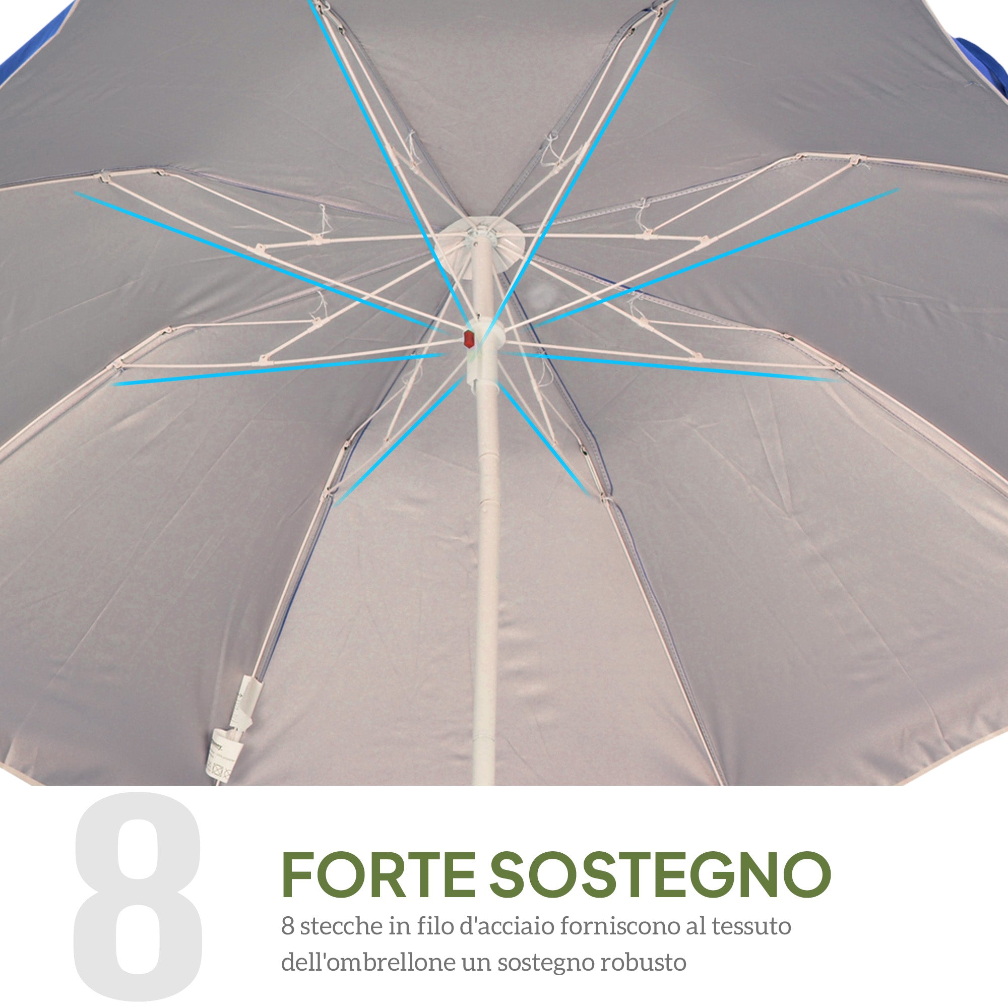 Tilting Beach Umbrella with Reflective Lining, in Steel and Polyester, Ø1.7x2.05 m, Blue