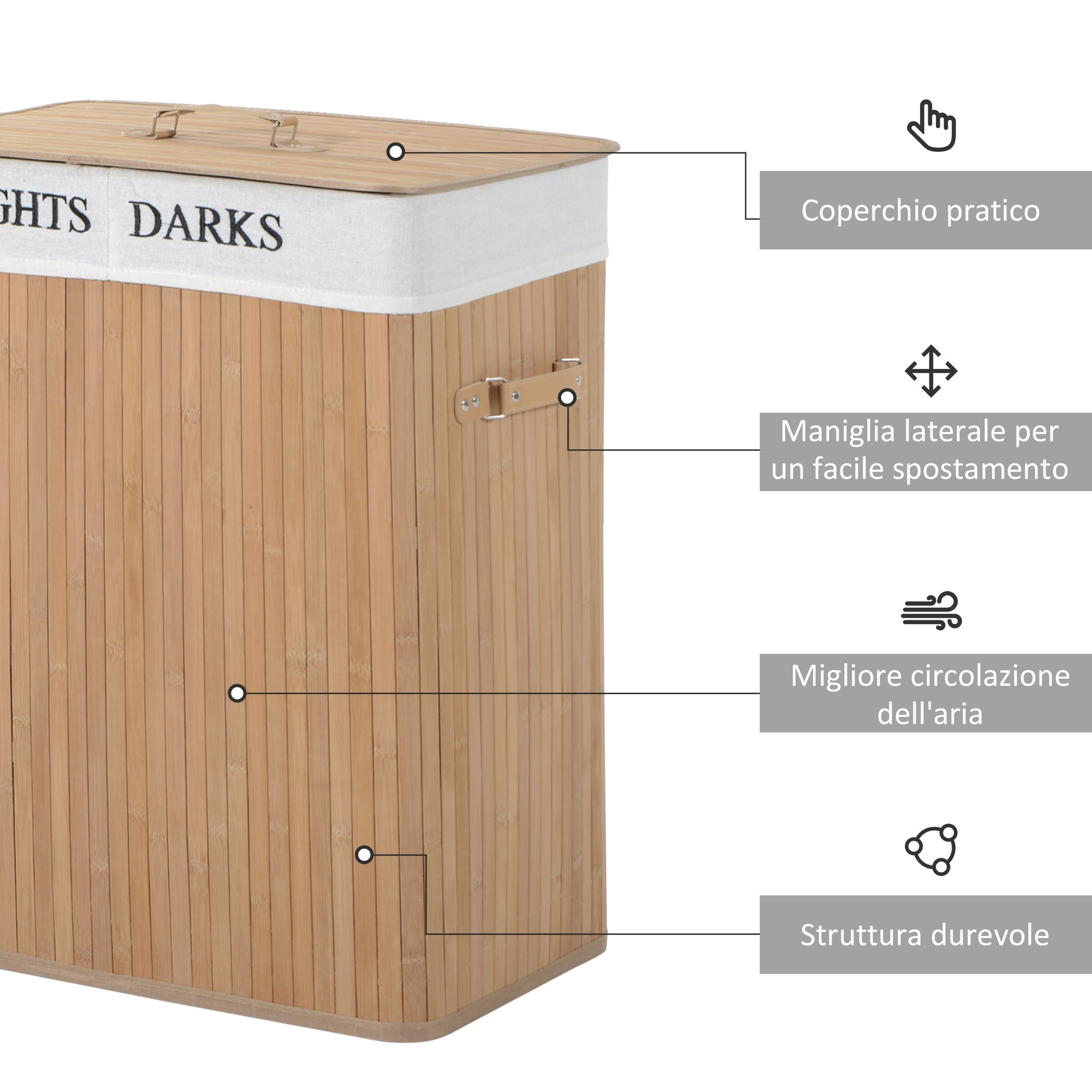 Bamboo Laundry Hamper with Lid and Removable Liner, 52 x 32 x 63cm