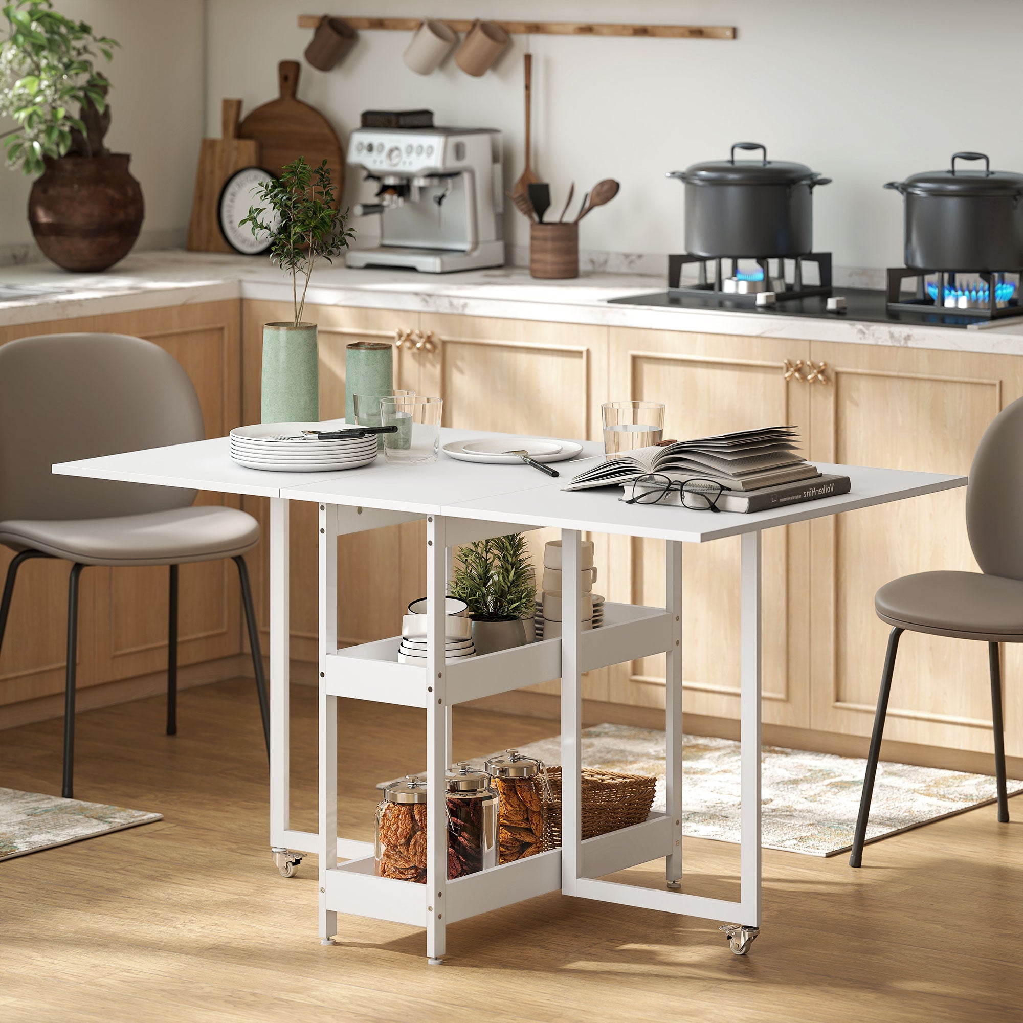 HOMCOM Folding Table with 2 Drop-Leaf Tops for 4 People with 2 Open Shelves, Wood and Metal, 133.4 x 80 x 75 cm, White