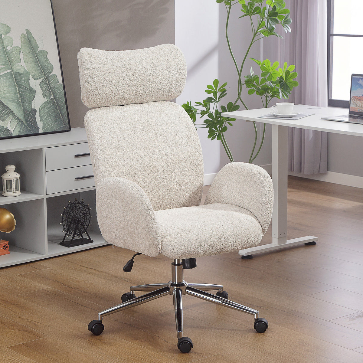 HOMCOM Bouclé Swivel Office Chair with Headrest. Height-Adjustable, Rocking Function, Light Grey-White