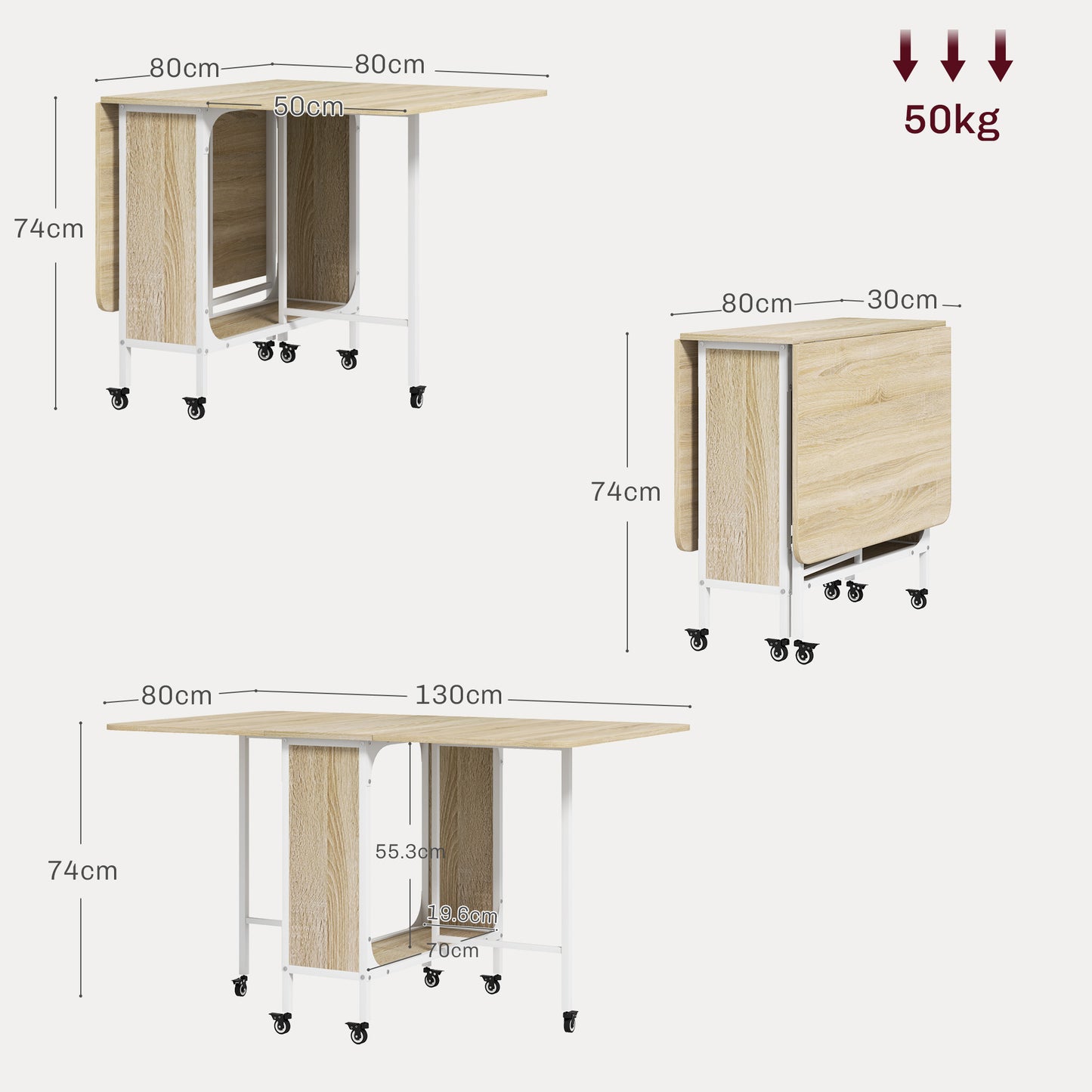 Foldable Dining Table for 6 People max with Shelf, in Wood and Metal, 130x80x74 cm, White and Wood color