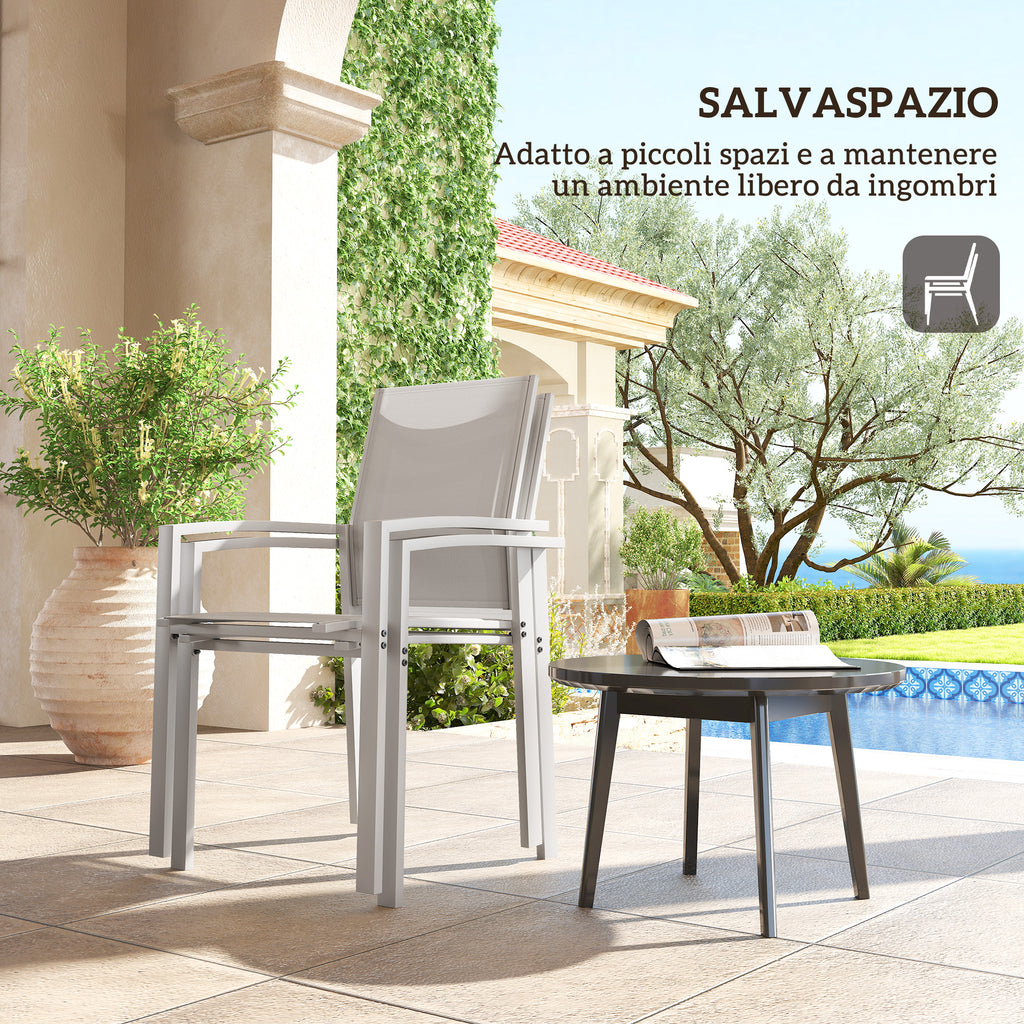 Set of 2 Stackable Garden Chairs with Breathable Seat, in Steel and Textilene, 56x58x89 cm, Light Gray
