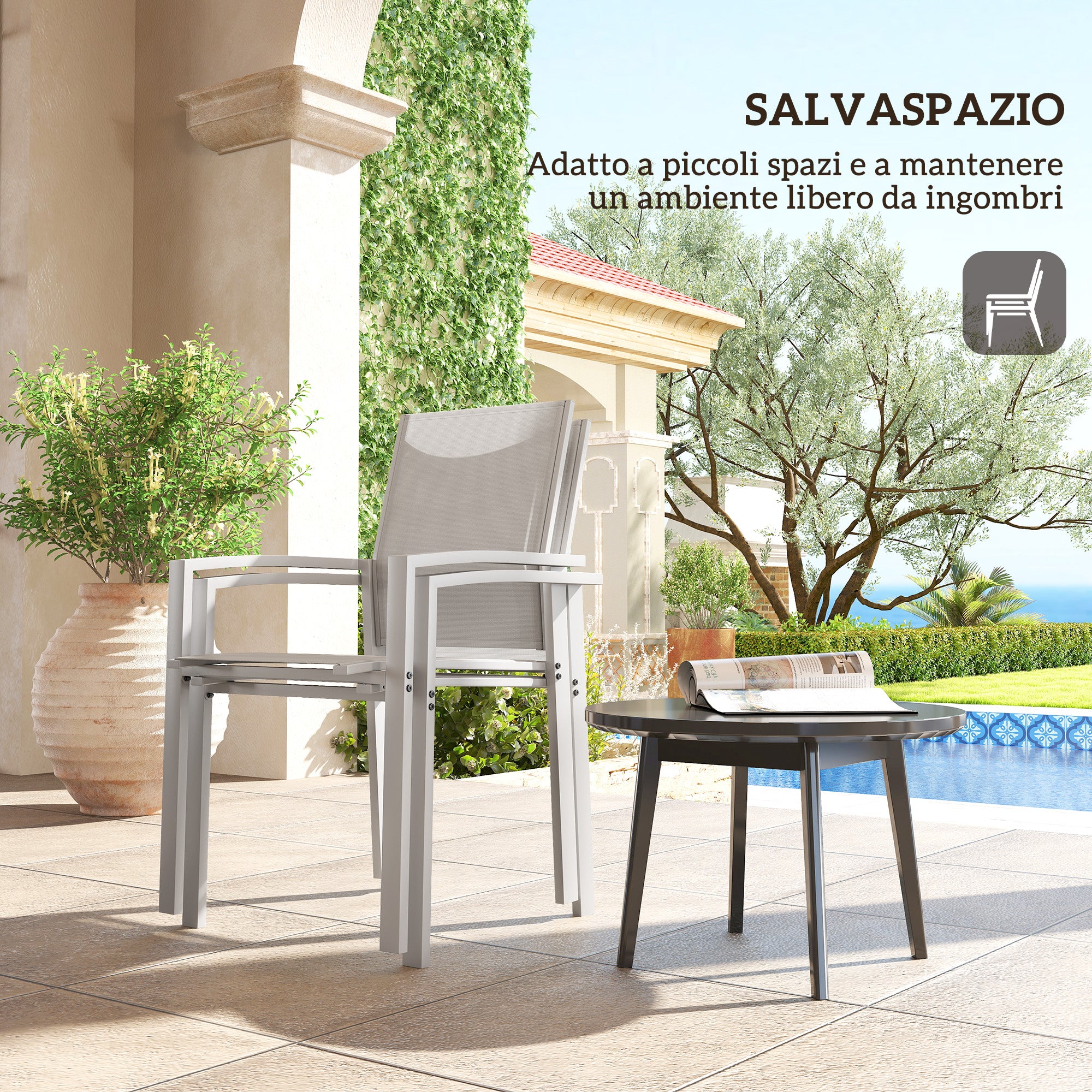 Set of 2 Stackable Garden Chairs with Breathable Seat, in Steel and Textilene, 56x58x89 cm, Light Gray