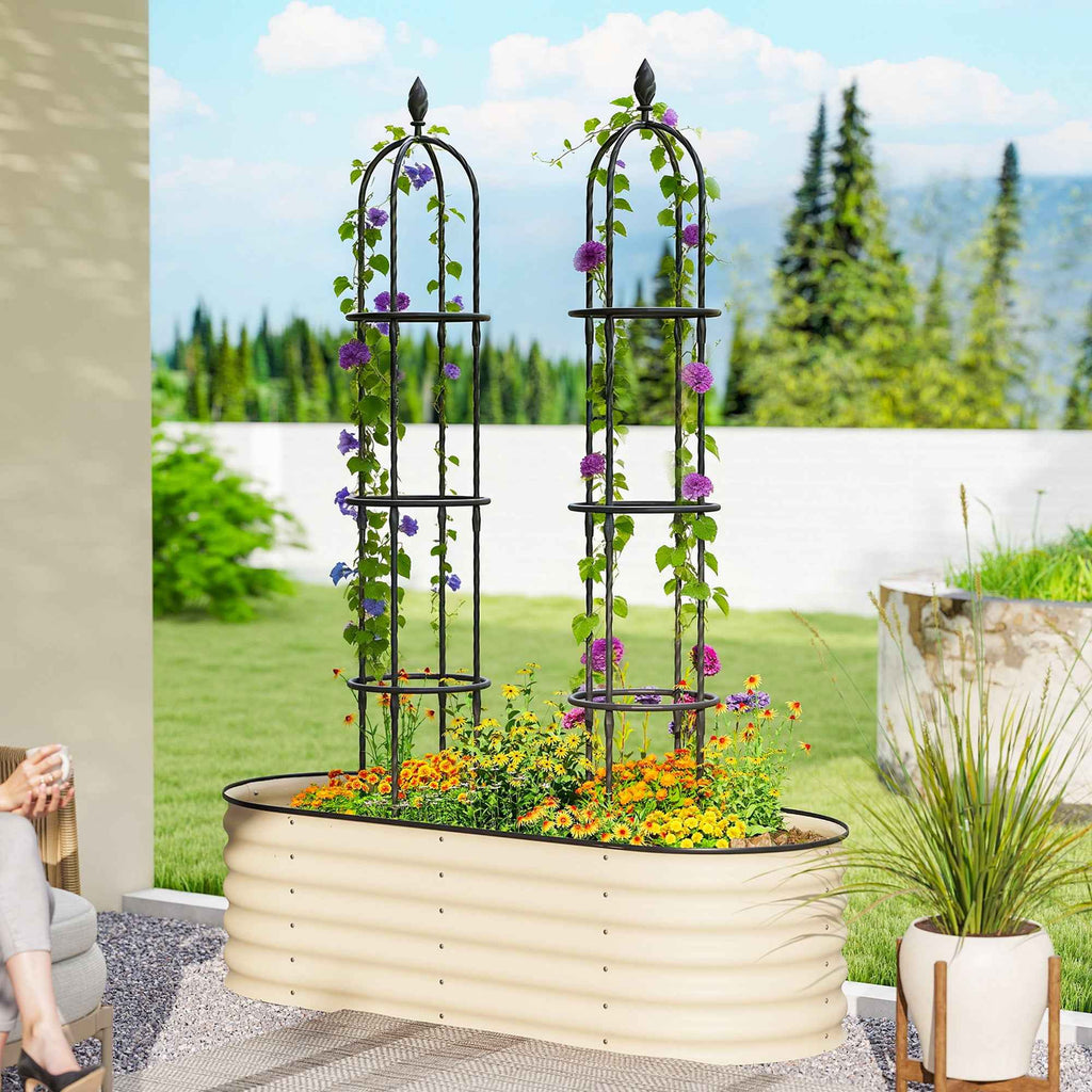 Outsunny 2-Piece 1.7m Tall Rustproof Steel Climbing Plant Supports with Decorative Trim, Black