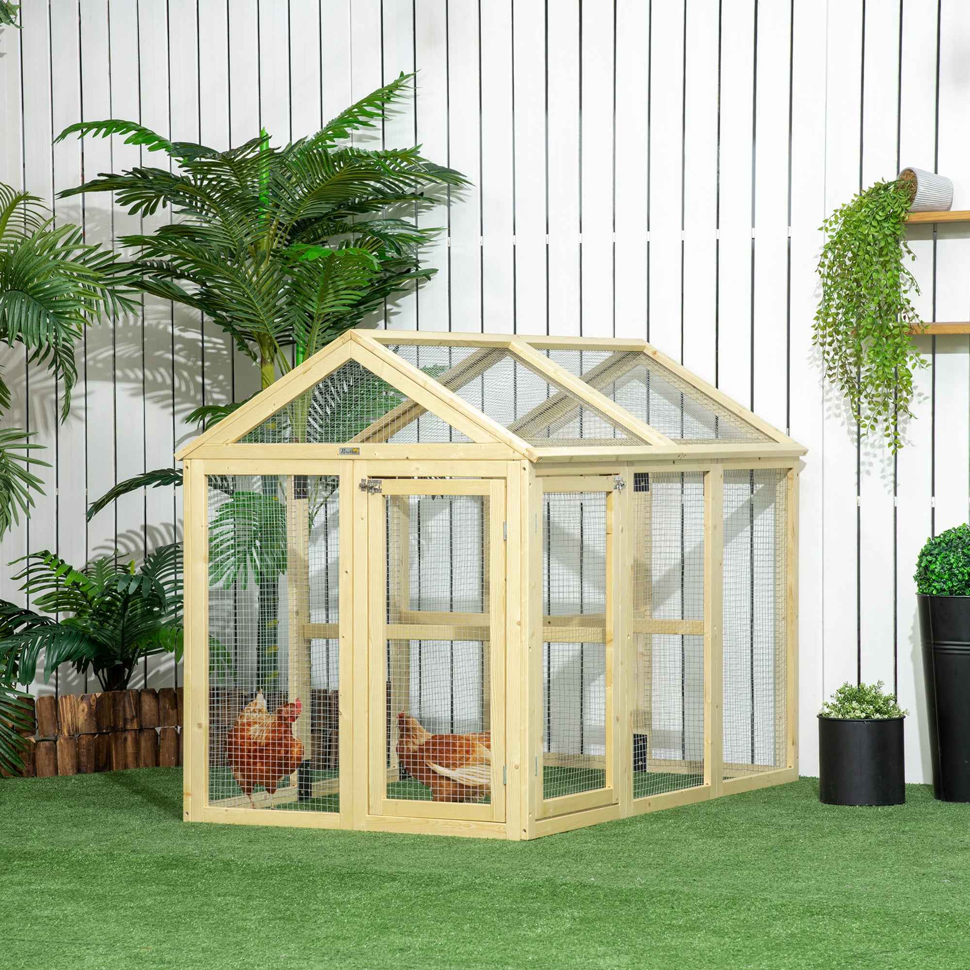 PawHut Outdoor Wooden Chicken Run with Multiple Doors and Metal Mesh, 140x88.5x106 cm, Wood Color