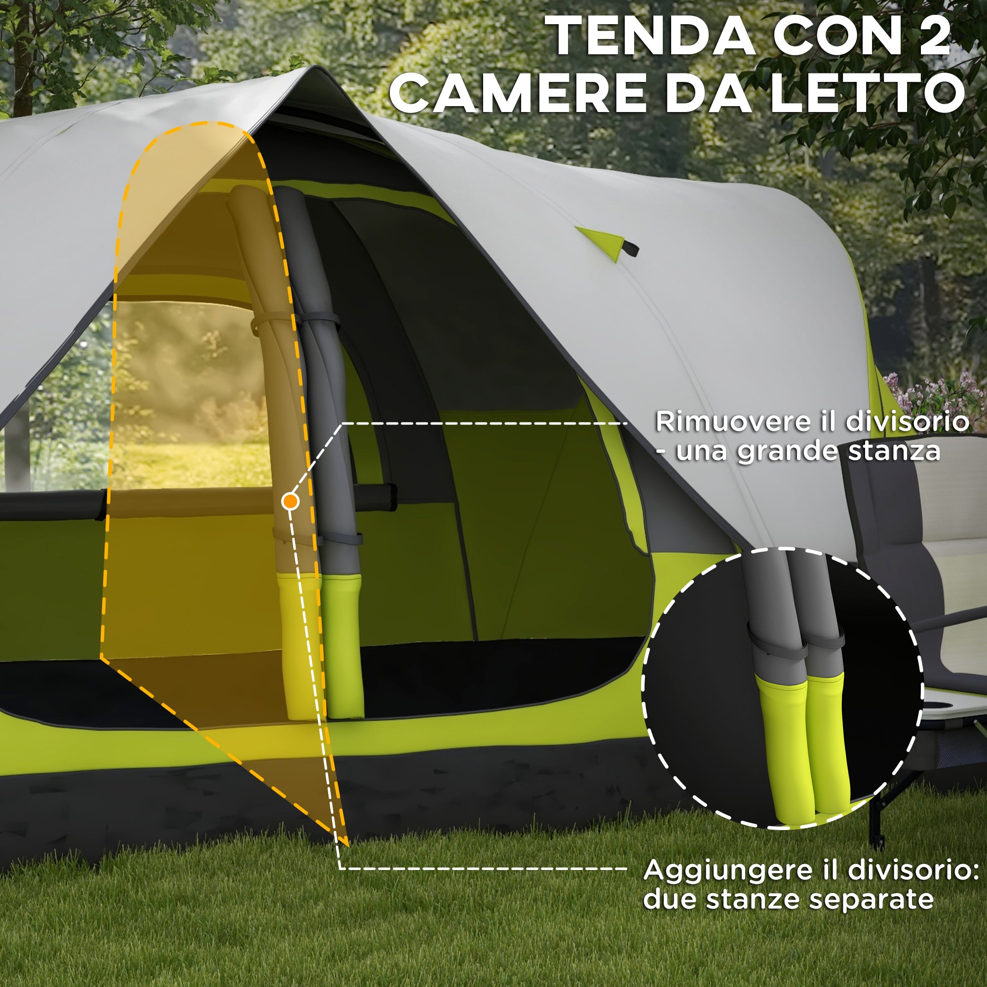 Outsunny 4-person Camping Tent with 2 Separate Spaces, in Polyester and Fiberglass, 450x215Px180 cm, Green - Borgè