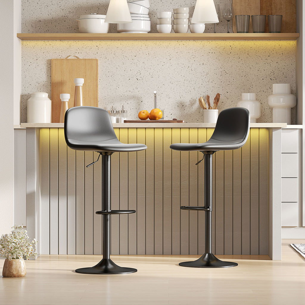 Set of 2 Bar Stools with Backrest and Footrest, Adjustable Height, PU Leather and Padding, Black