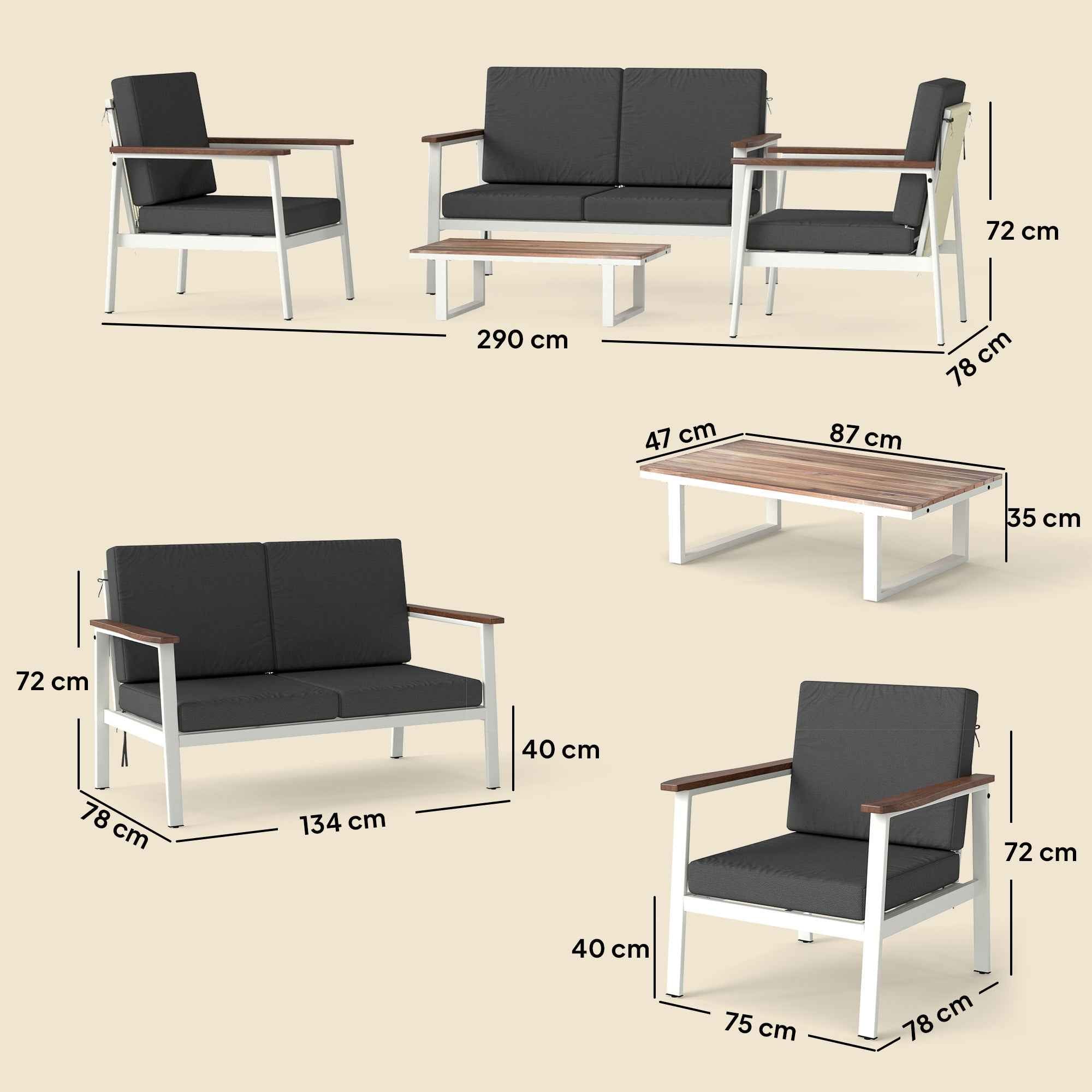 Outsunny Garden Sofa Set for 4 People: 2 Armchairs, Sofa, Coffee Table.