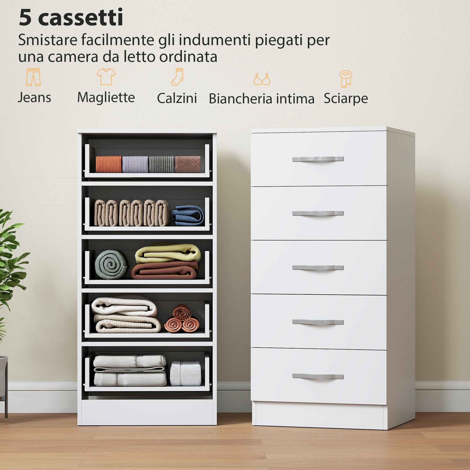 HOMCOM 5-Drawer Chest of Drawers, Modern Style, Chipboard, 40x35x85 cm, White