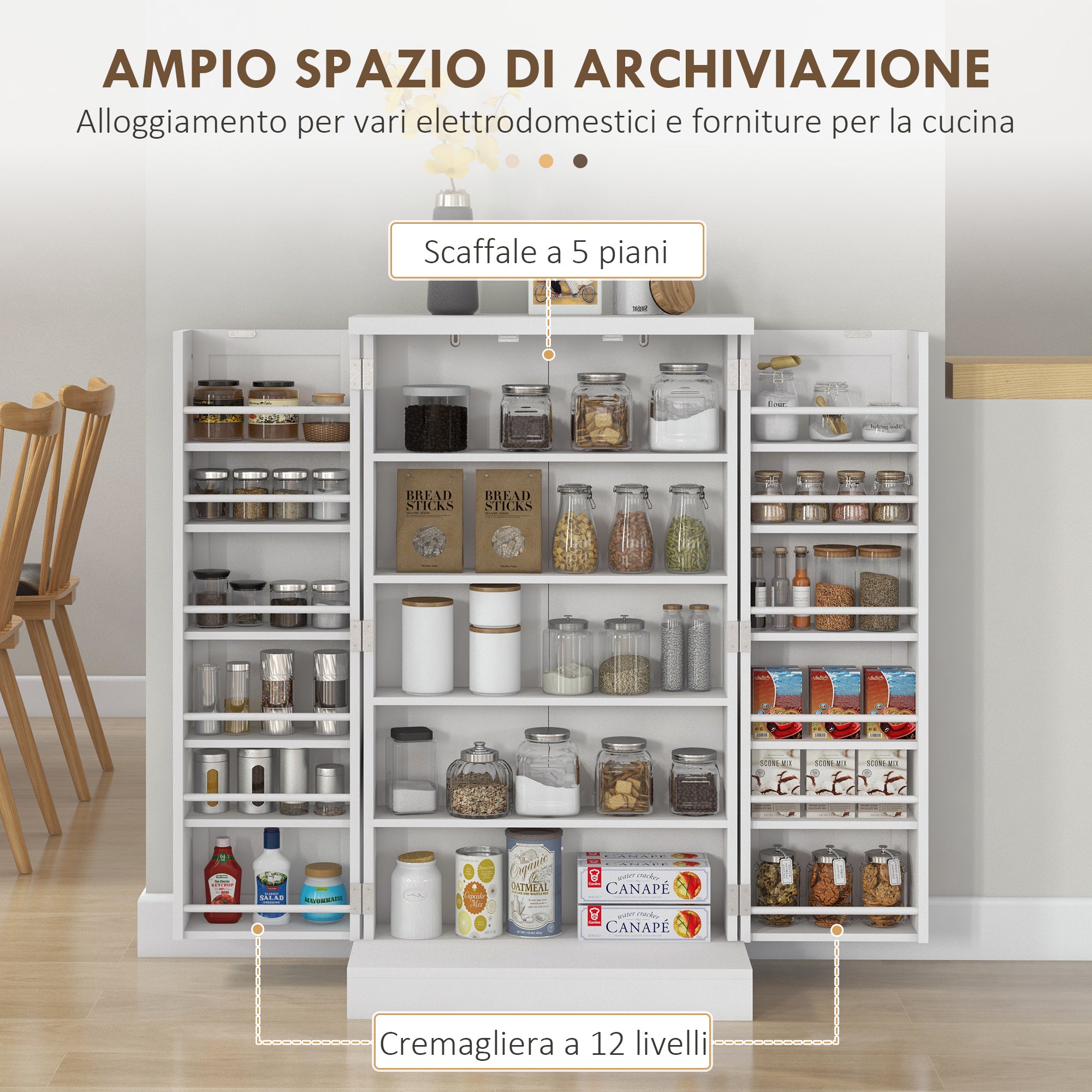 HOMCOM Kitchen Cabinet with 5 Central Shelves and 2 Side Shelves at 6 Levels, in MDF, 60x30x104 cm, White - Borgè