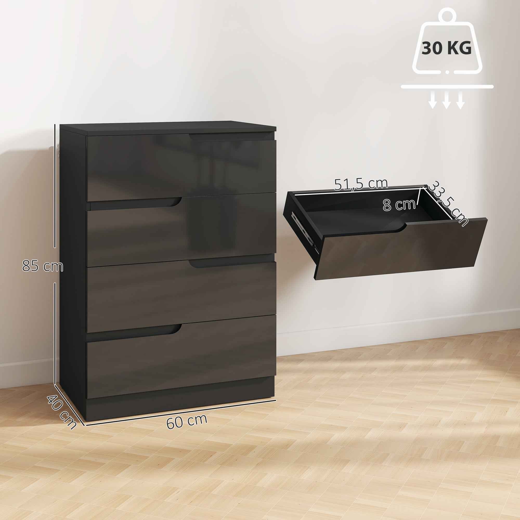 HOMCOM Modern and Minimalist 4-Drawer Wooden Chest of Drawers, 60x40x85 cm, Glossy Black